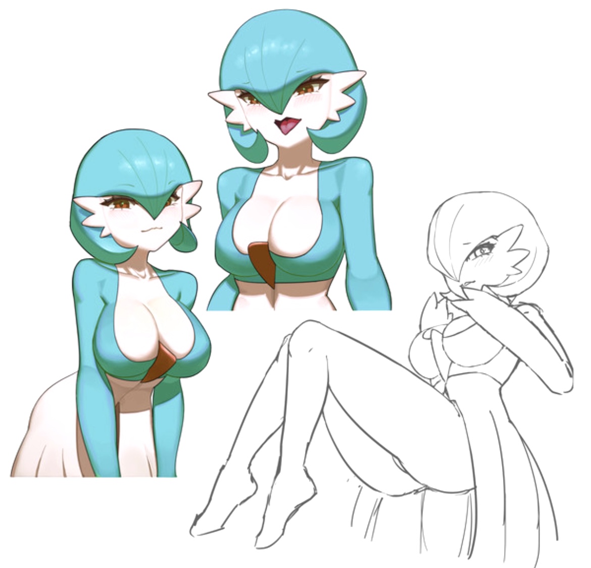 ass, belly button, big ass, blue hair, blush, breasts, cleavage, female, female focus, female only, female pokemon, gardevoir, humanoid, large breasts, long eyelashes, nintendo, open mouth, pokémon (species), pokemon, pokemon (species), pokemon only, red eyes, shiny gardevoir, shiny pokemon, skirt, smile, thick thighs, yawar