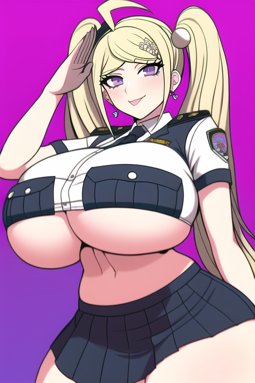 1girls ai_generated akamatsu_kaede bimbo blonde_hair danganronpa huge_breasts large_breasts miniskirt multi_digit multi_finger nai_diffusion new_danganronpa_v3 police_uniform seductive_smile stable_diffusion tagme thick_thighs twintails underboob