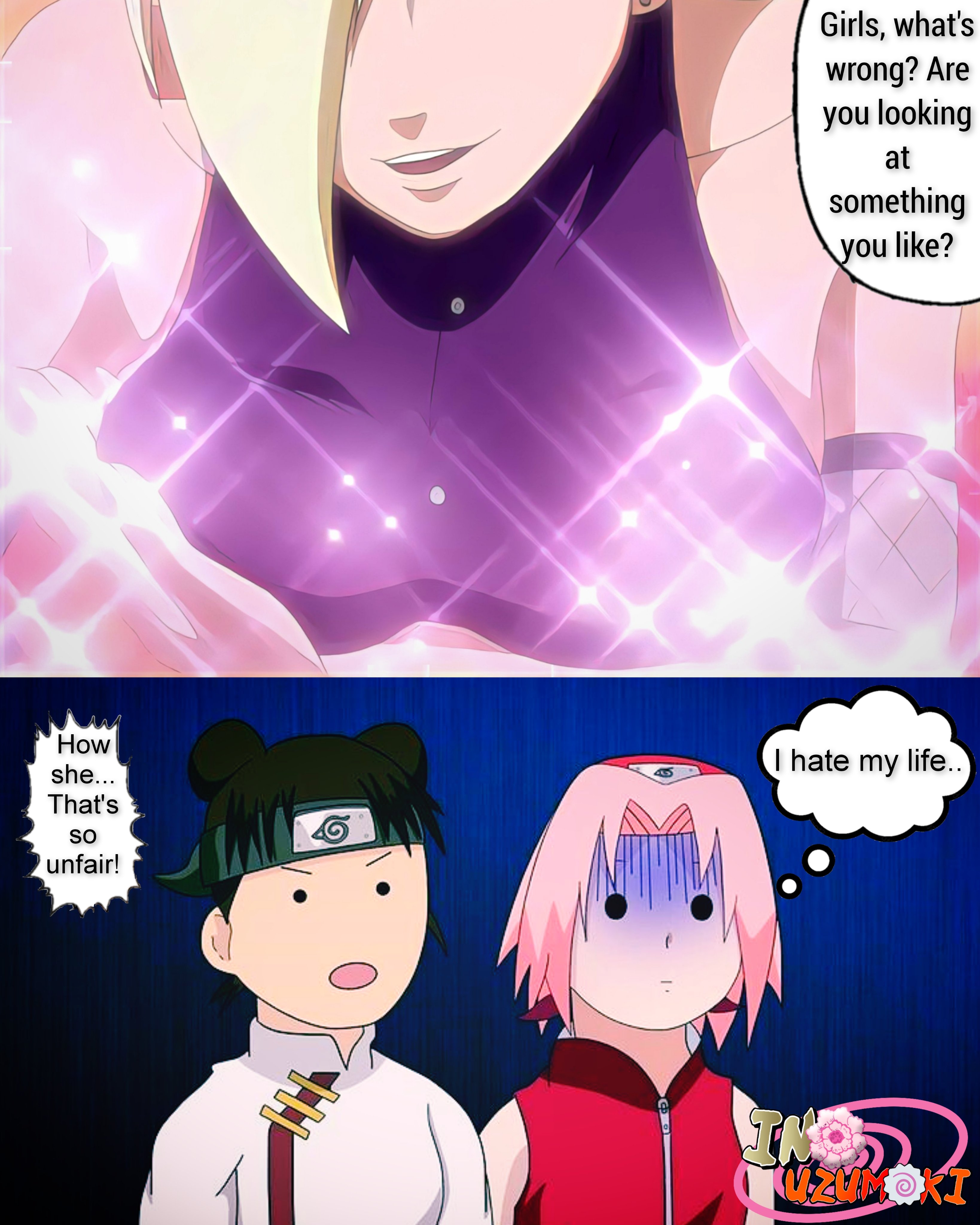 3girls, annoyed, artist request, big breasts, blonde hair, bragging, breast envy, breast focus, breast size difference, breasts, brown hair, busty, cleavage, comic page, envy, female, female only, flat chest, funny, humor, ino yamanaka, jealous, jealousy, long hair, multiple females, multiple girls, naruto, naruto (series), naruto shippuden, pettanko, pink hair, presenting, presenting breasts, sakura haruno, speech bubble, talking, talking to another, talking to self, teasing, tenten, text, unknown artist, upper body