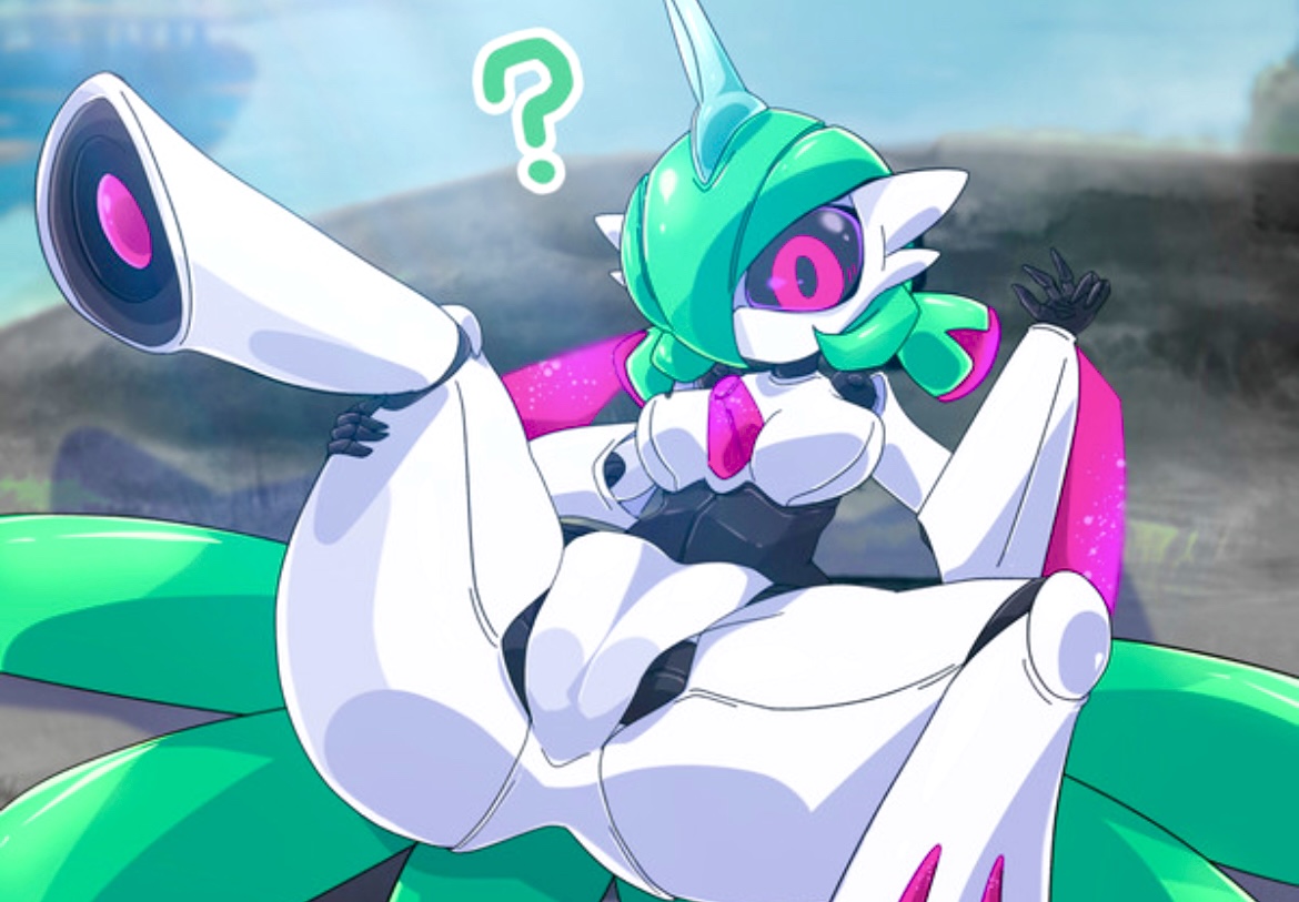 blurry, female, female focus, female only, green hair, iron valiant, jpeg artifacts, laying down, nintendo, on ground, paradox pokemon, pink eyes, pokémon (species), pokemon, pokemon (species), pokemon sv, pussy, question mark, robot, robot girl, robot joints, spread legs, spreading, thick thighs, visible pussy