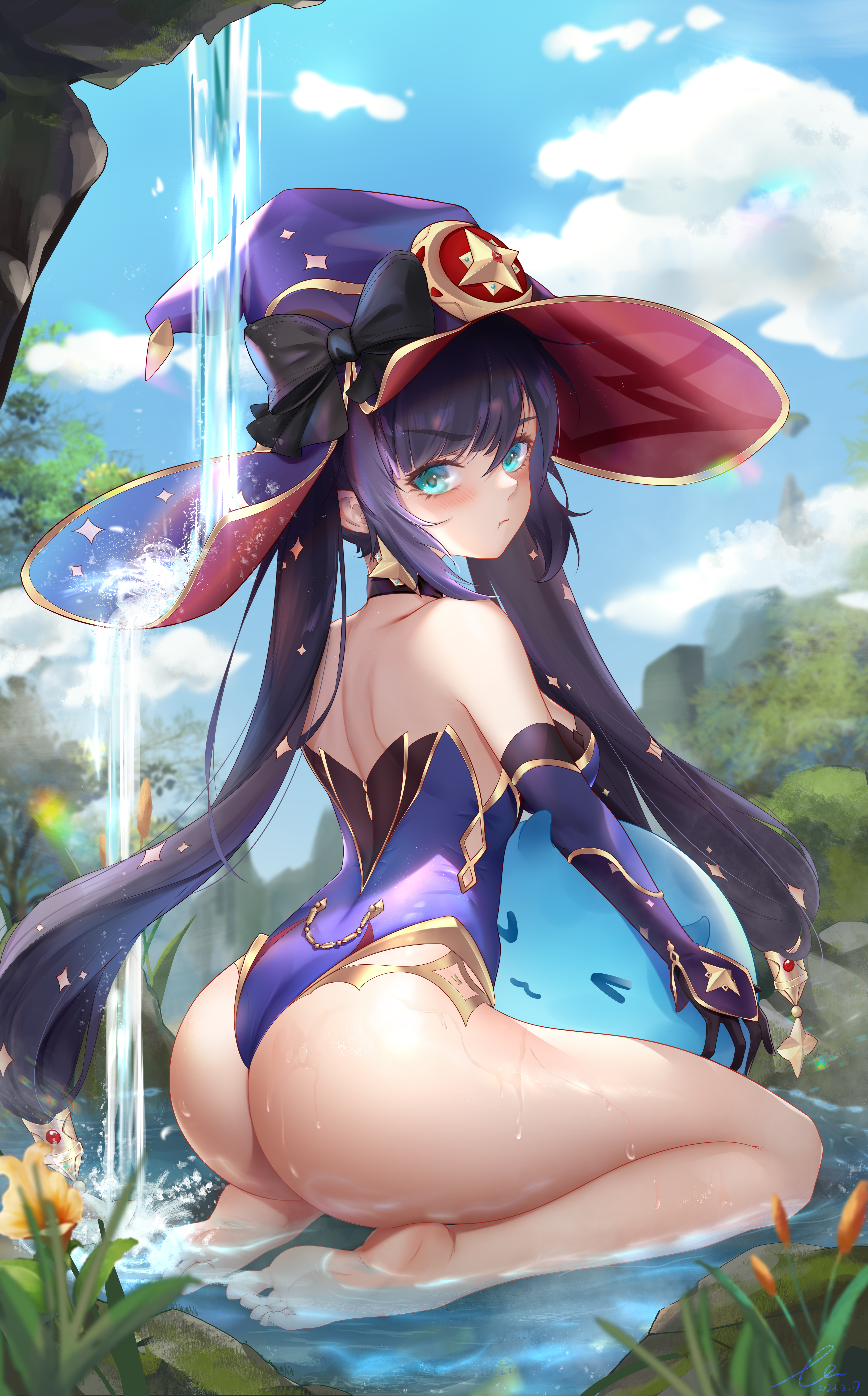 1girls, alternate version available, ass, back view, big ass, big butt, blue eyes, earrings, female, female only, genshin impact, hat, hi res, highres, leotard, liu liaoliao, long hair, looking at viewer, looking back, mona (genshin impact), outdoors, outside, sky, solo, solo female, thick ass, twintails, water