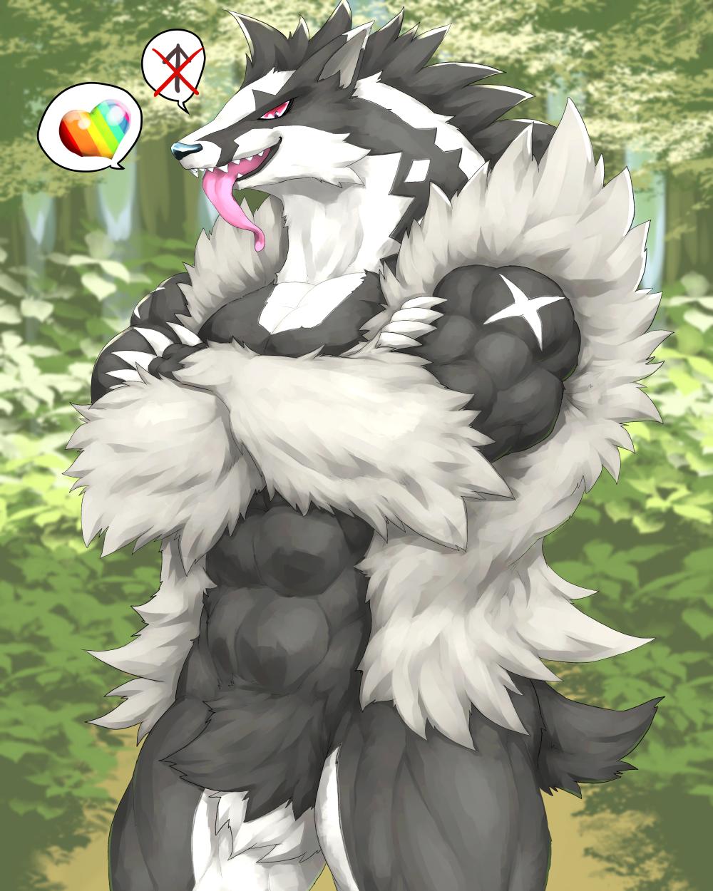 1boy 2019 abs anthro biceps black_fur captainjohkid digital_media_(artwork) fur hi_res male male_only mammal muscular muscular_male mustelid nintendo obstagoon pecs pokémon_(species) pokemon simple_background solo teeth tongue tongue_out video_games voluptuous