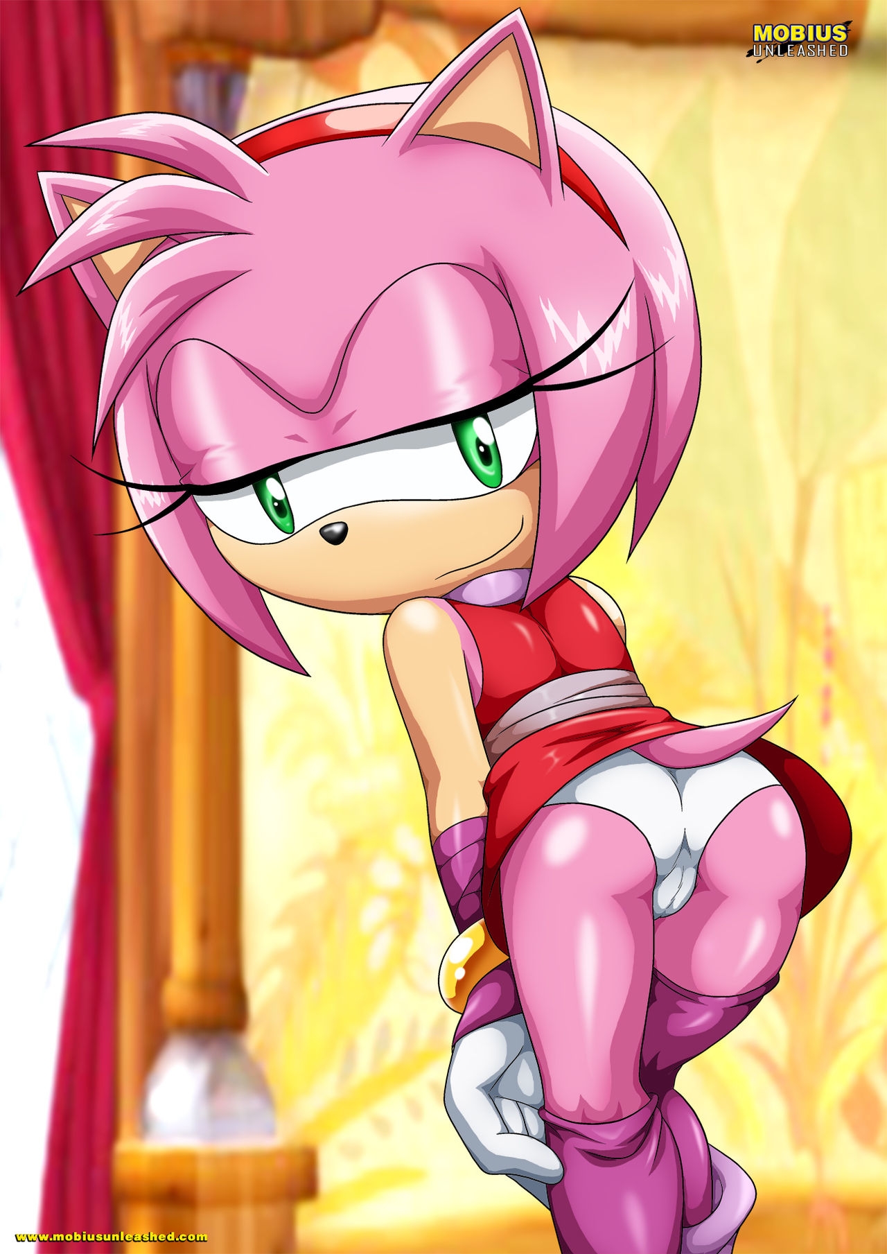 amy rose, amy rose (boom), anthro, ass, bbmbbf, cameltoe, clothed, eulipotyphlan, female, genital outline, hedgehog, looking at viewer, looking back, mobius unleashed, palcomix, panties, pantyshot, pantyshot (standing), pink body, pussy, seductive, skirt, skirt lift, solo, sonic (series), sonic boom, thigh socks, upskirt, white panties