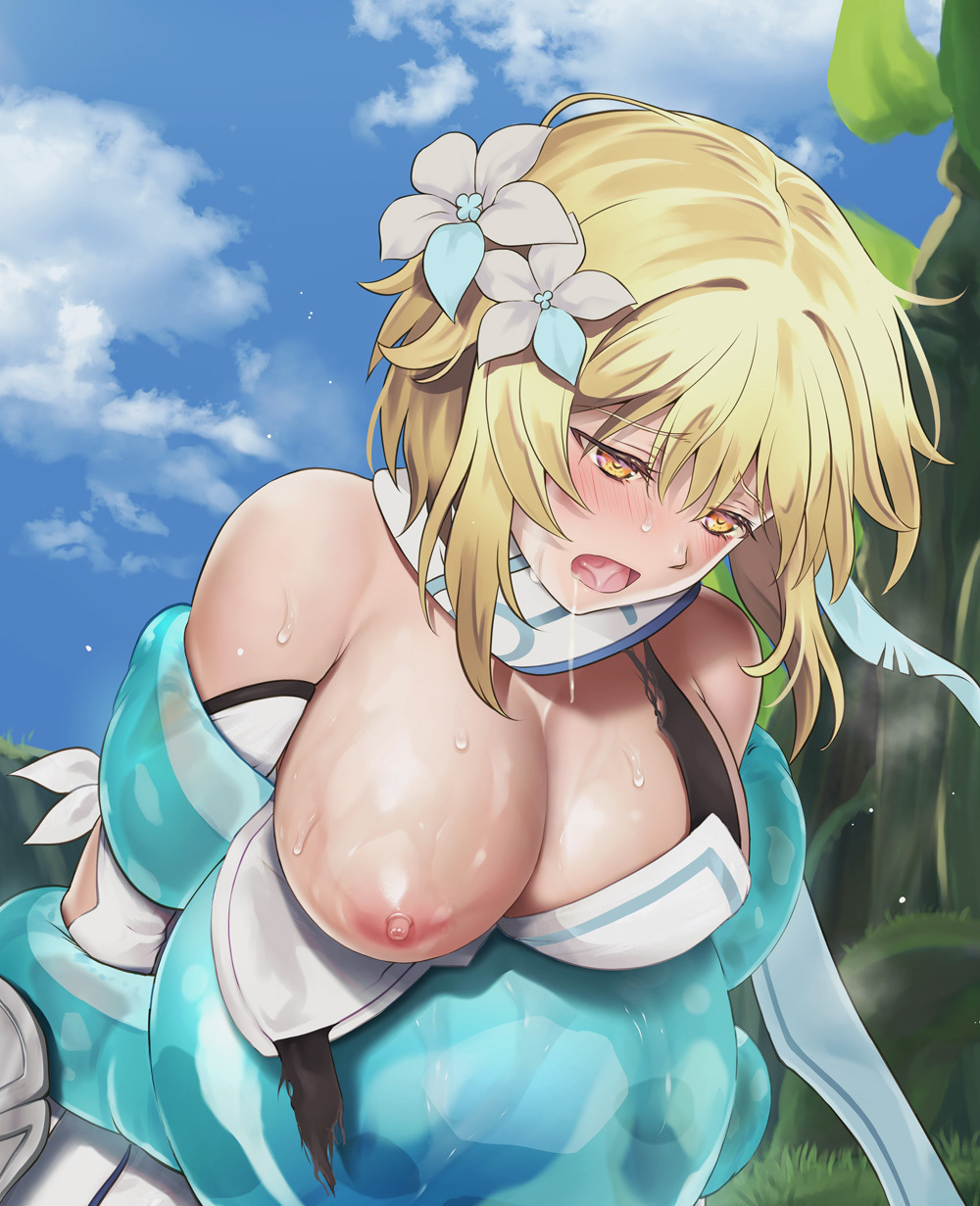 1girls bangs bare_shoulders blonde_hair blush bondage breasts breasts_out cyclone cyclone_(reizei) dress female female_only flower_in_hair fungi_(genshin_impact) genshin_impact hair_ornament large_breasts lumine_(genshin_impact) nipples one_breast_out open_mouth restrained saliva saliva_trail slime slime_monster slime_sex sweat white_dress white_flower yellow_eyes