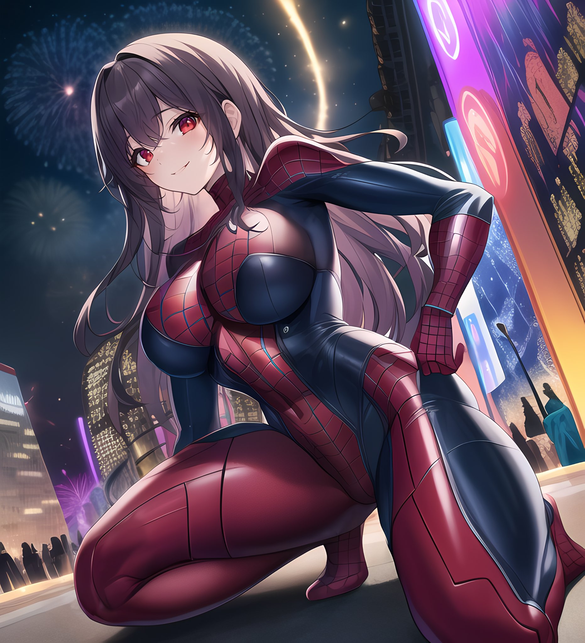 1girls, ai generated, big breasts, breasts, bulging breasts, female, female only, high resolution, latex suit, looking at viewer, marvel, marvel comics, nai diffusion, original, skin tight, solo, spider-man (series), stable diffusion, stuffyai