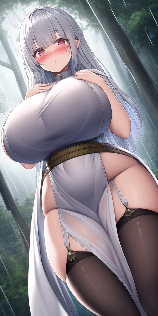 1girls, ai generated, big breasts, breasts, dress, elf, elf ears, female, female only, nai diffusion, original, original character, solo, stable diffusion, thick thighs, thighhighs, white dress, white hair