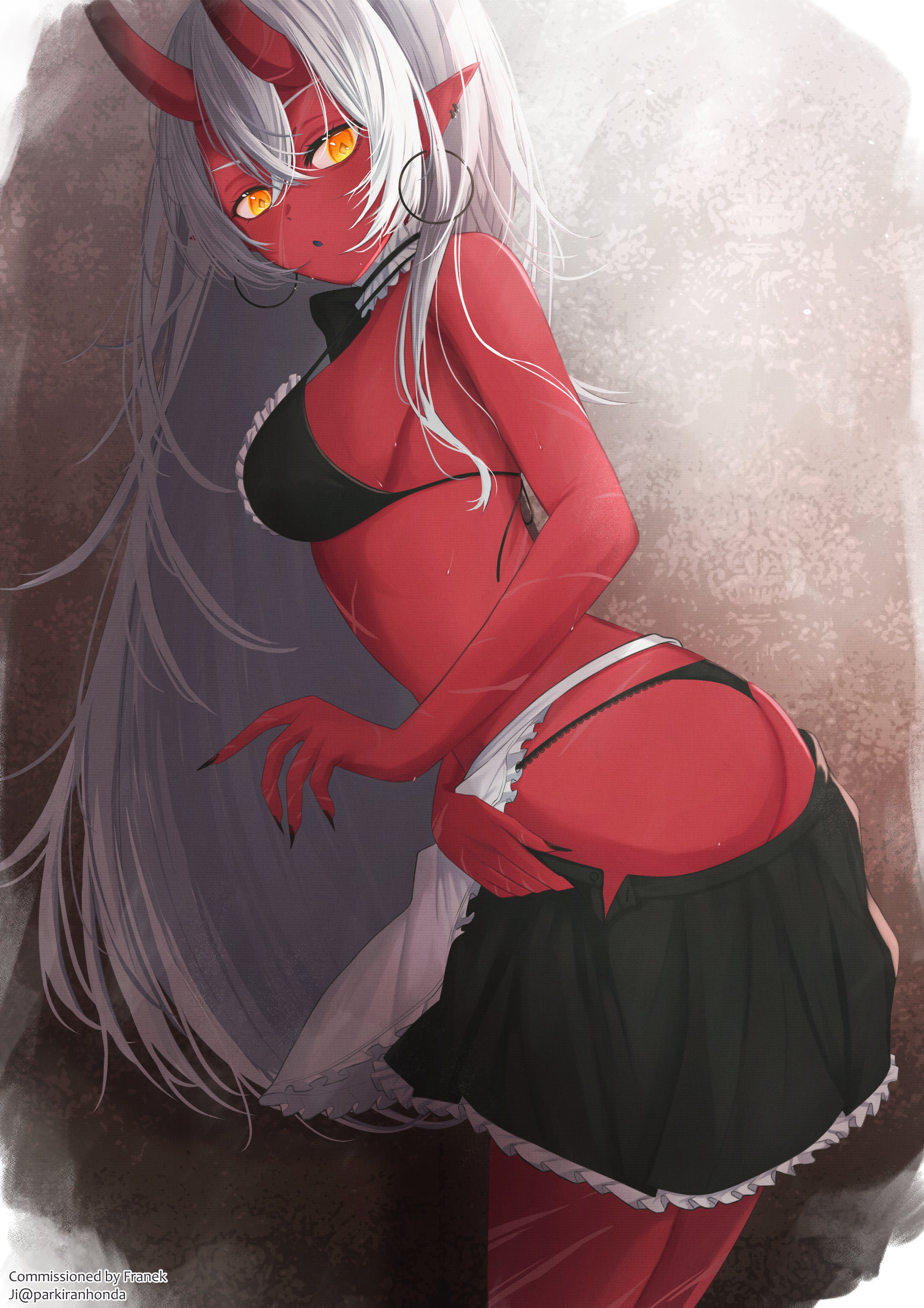 1girls, akumi, earrings, female, horns, maid, maid apron, maid bikini, oni, oni female, oni horns, parkiranhonda, red skin, red-skinned female, scars, suprised, virtual youtuber, vyugen, white hair, yellow eyes