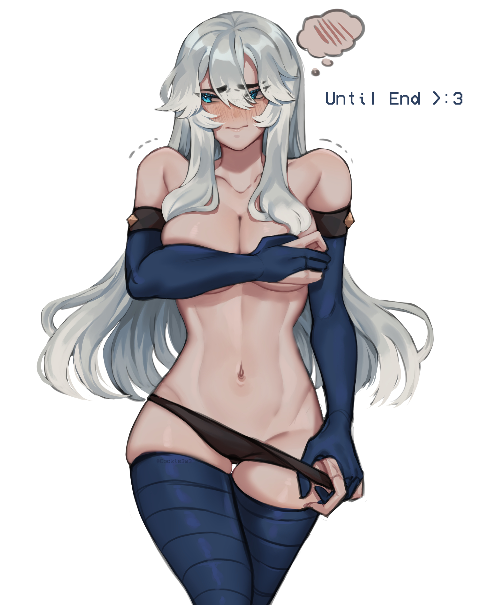 ashe (league of legends), blue eyes, blush, cookie3w3, covered nipples, elbow gloves, embarrassed, english text, female, league of legends, long hair, looking aside, nude, nude female, panties, riot games, shivering, solo, tagme, text, white background, white hair