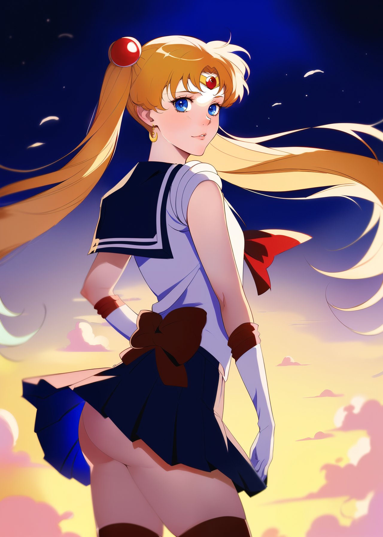 1girls, ai generated, bishoujo senshi sailor moon, blonde hair, clothing, female, female only, high resolution, highres, long hair, looking at viewer, looking back, nai diffusion, sailor moon, seductive look, skirt, solo, stable diffusion, stockings, twintails (hairstyle), usagi tsukino