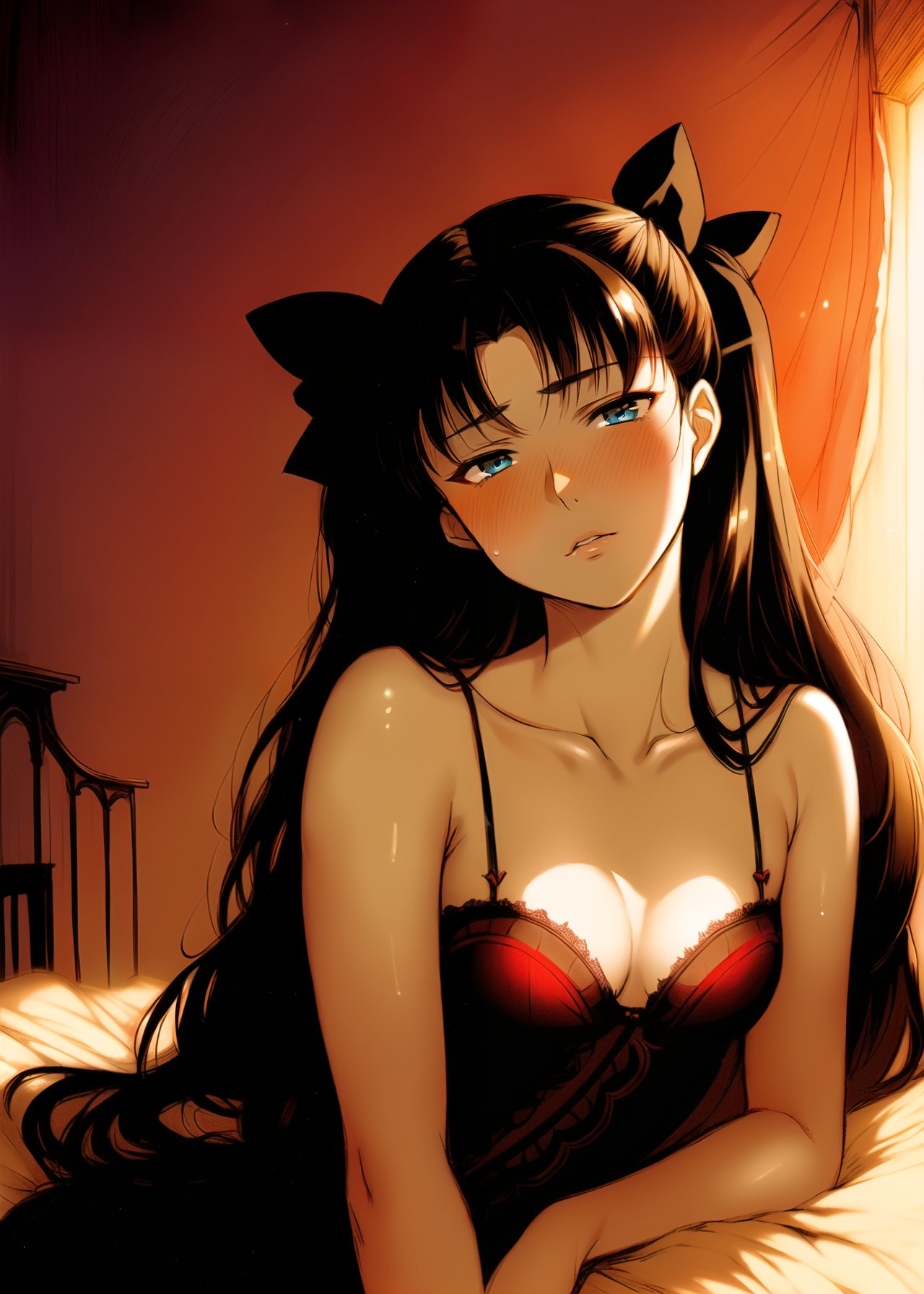 1girls, 2022, 2d, 2d (artwork), ai generated, bedroom, black hair, blush, breasts, cleavage, clothed female, fate (series), fate/stay night, female, female only, female protagonist, head tilt, high resolution, human, human female, human only, light skin, light-skinned female, long hair, looking at viewer, medium breasts, nai diffusion, no sex, questionable, sfw, solo, solo female, stable diffusion, teenage female, teenager, tohsaka rin, twintails (hairstyle), warm colors