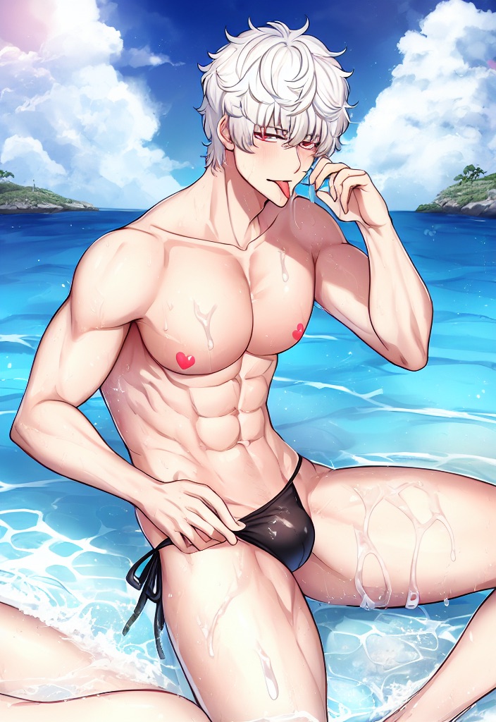 abs ai_generated beach bikini_bottom black_bikini black_bikini_bottom gintama gintoki_sakata heart_pasties looking_at_viewer male male_only muscular muscular_male nai_diffusion pasties pegs red_eyes side-tie_bikini sitting solo stable_diffusion thick_thighs tongue_out water wavy_hair wet_skin white_hair