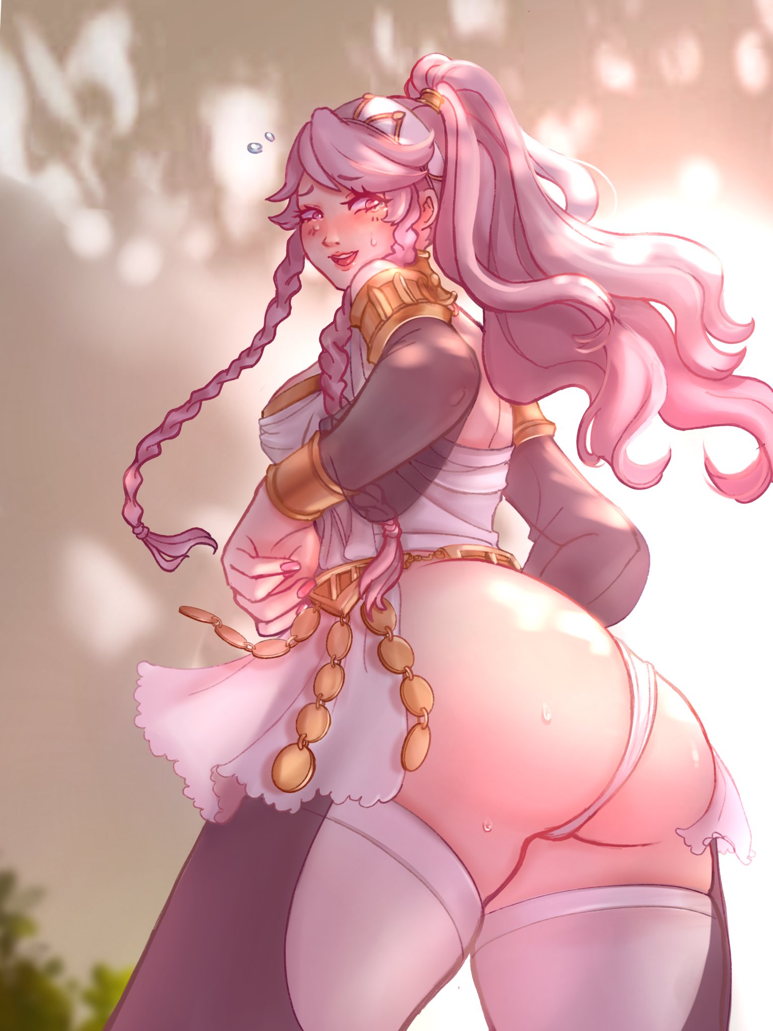 1girls, 2022, ass, blush, chiffonfae, embarrassed, female, female only, fire emblem, fire emblem awakening, from below, hi res, high ponytail, large ass, looking back, nintendo, olivia (fire emblem), panties, pink eyes, pink hair, ponytail, solo, thick thighs, underwear, white panties