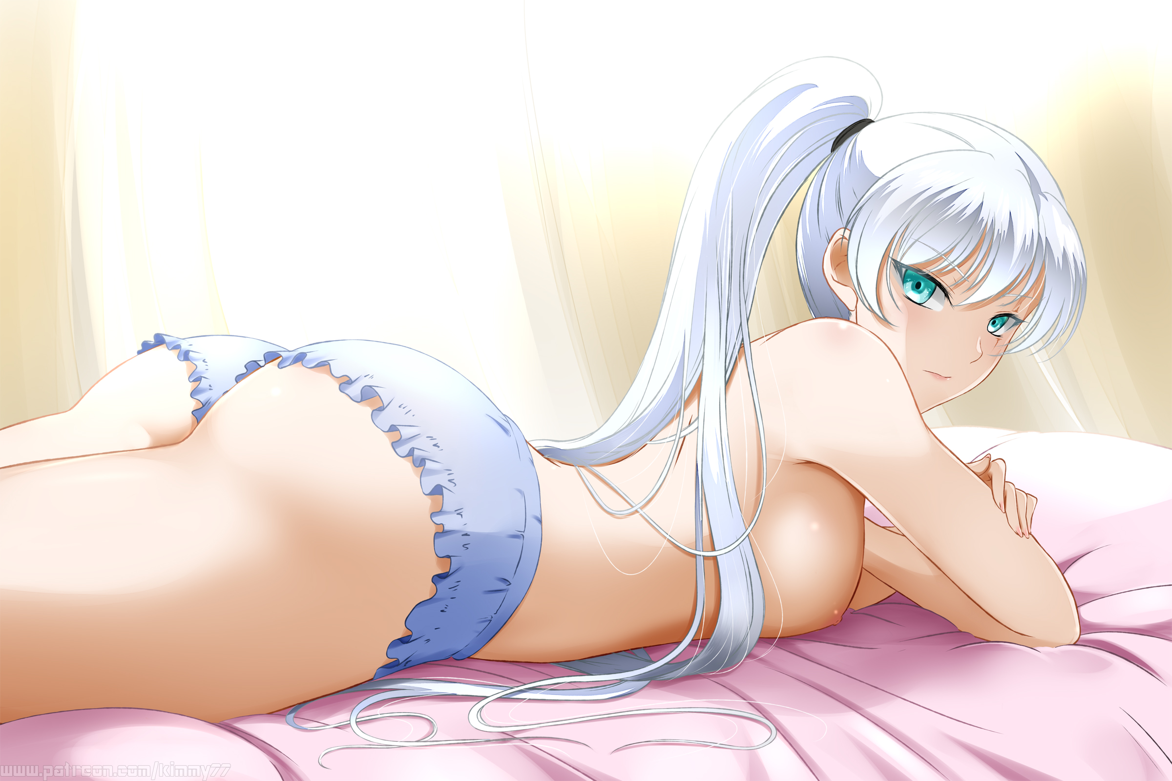 1girls, alternate version available, ass, bed, big ass, blue eyes, bottomwear, clothing, female, female only, kimmy77, laying down, lingerie, looking at viewer, nipples, on stomach, ponytail, rwby, scar, shorts, solo, solo female, thighs, topless, weiss schnee, white hair