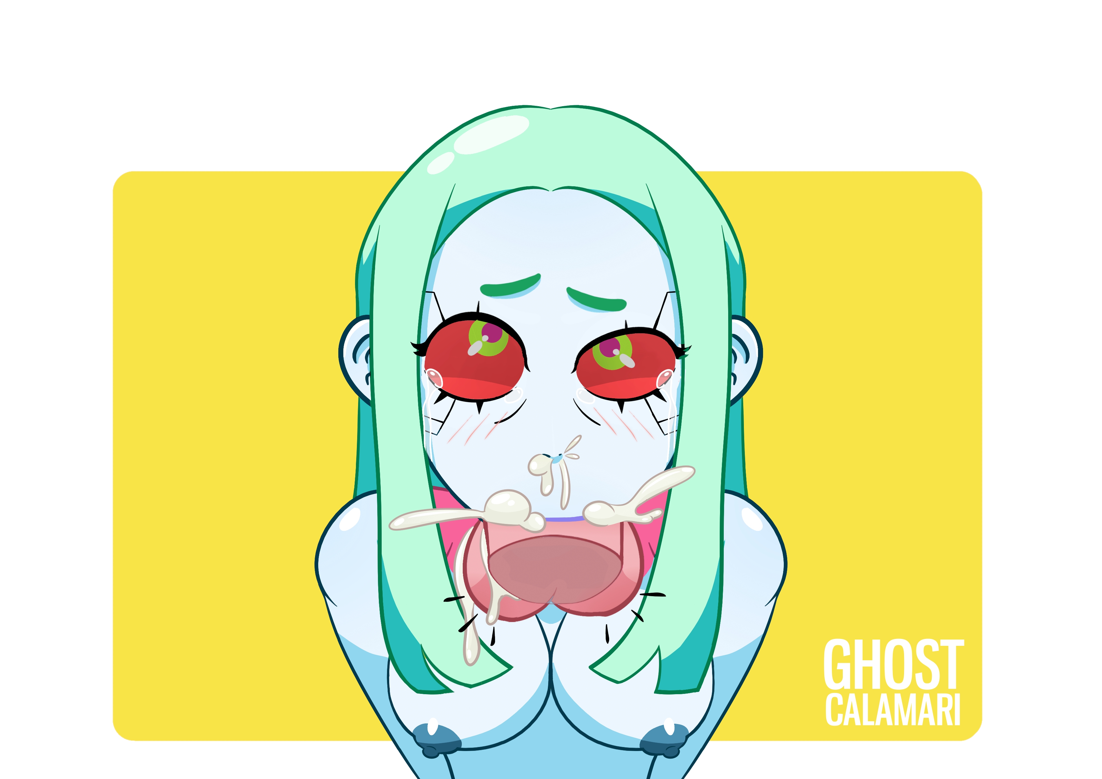 artist name, balls, big cock, big penis, blowjob, breasts, cum, cyberpunk: edgerunners, deepthroat, female, ghost calamari, green hair, male, nipples, penis, rebecca (edgerunners), testicles