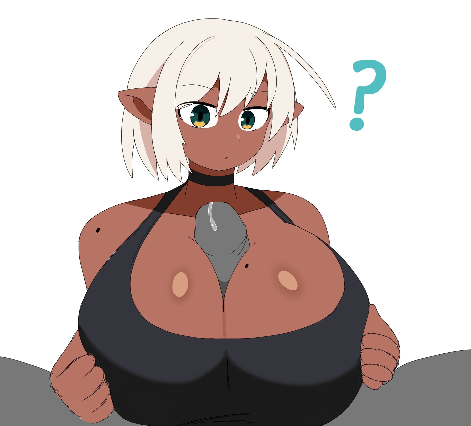 ?, 1boy, 1girls, 2022, anon, big breasts, breasts, breasts bigger than head, choker, dark elf, dark skin, dark-skinned female, elf, female, female focus, green eyes, hi res, kuu (zanamaoria), looking at viewer, male, male pov, medium hair, mole, mole on breast, mole on shoulder, paizuri, paizuri under clothes, penis, pointy ears, pov, pov eye contact, pov paizuri, precum, stronknsfw, tank top, titjob, white background, white hair