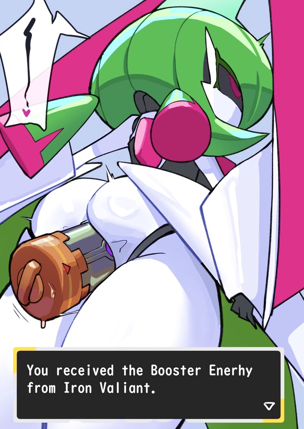 anal plug, ass, ass focus, back view, big ass, booster energy, buttplug, female, female focus, female only, female pokemon, glistening, green hair, held item (pokemon), iron valiant, looking at viewer, looking down at viewer, nintendo, paradox pokemon, pink eyes, pokemon, pokemon (species), pokemon only, robot, robot girl, sex toy, text, thick, thick thighs