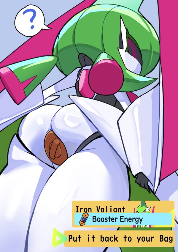 anal plug, ass, ass focus, back view, big ass, booster energy, buttplug, female, female focus, female only, female pokemon, glistening, green hair, held item (pokemon), iron valiant, looking at viewer, looking down at viewer, nintendo, paradox pokemon, pink eyes, pokemon, pokemon (species), pokemon only, robot, robot girl, text, thick, thick thighs