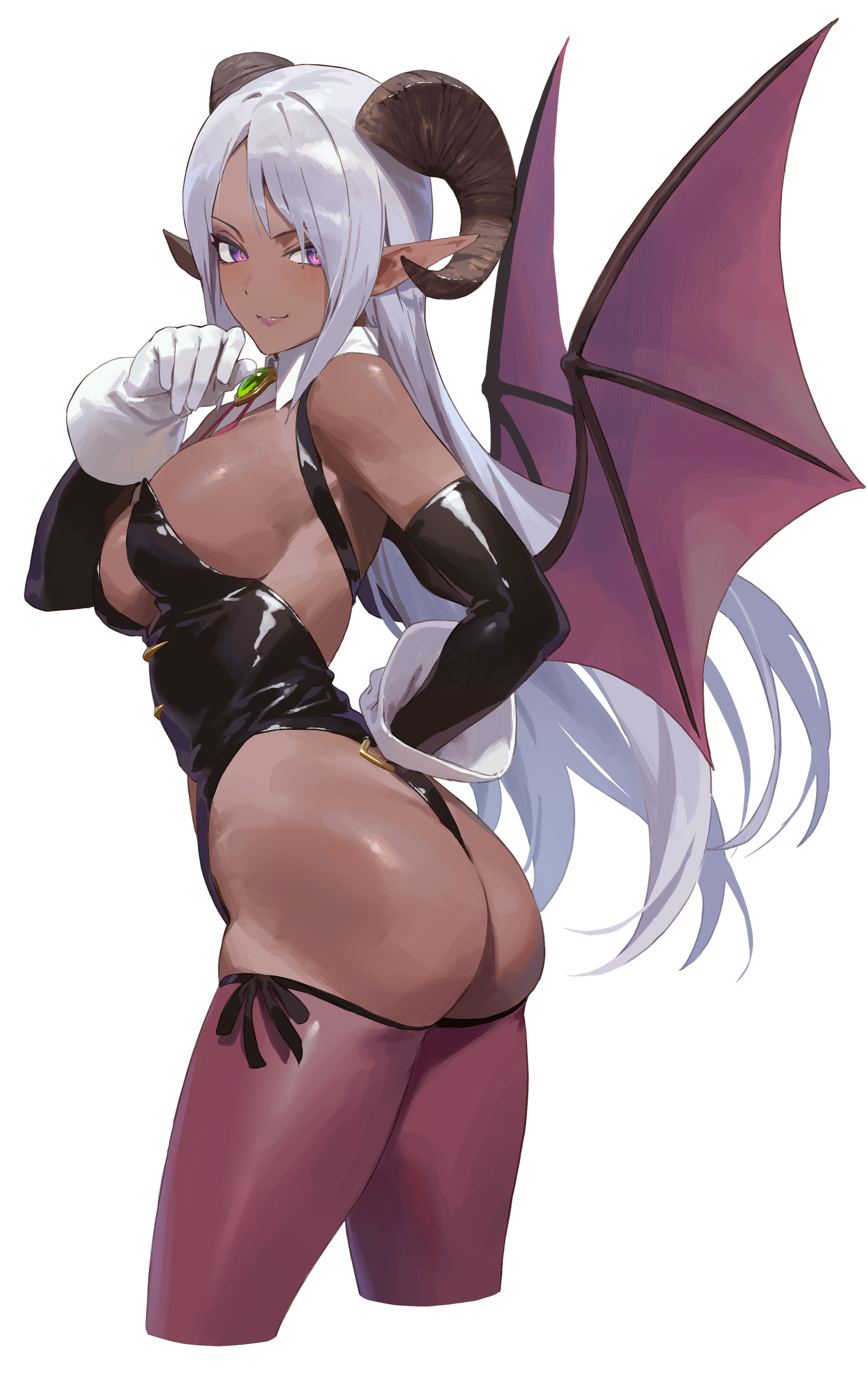 arched back, bare ass, bare shoulders, breasts, cleavage, curved horn, dark elf, dark skin, dark-skinned female, demon, detached collar, detached sleeves, drow, earrings, elf, elf ears, elf female, eyebrows visible through hair, female, female focus, female only, gloves, hair ornament, highleg leotard, horned humanoid, horns, inner sideboob, kinta (distortion), large breasts, long gloves, long hair, looking at viewer, looking to the side, necklace, pointy ears, purple eyes, revealing clothes, side view, sideboob, simple background, skimpy, skimpy clothes, sole female, solo, solo female, solo focus, standing, succubus, tan skin, thick thighs, thigh highs, thighhighs, thighs, white background, white hair, wings