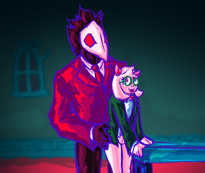 2boys ahe_gao anal anthro anthro_on_anthro avian balls blurry_background bowtie clothed_sex clothing deltarune deltarune_chapter_2 depth_of_field femboy furry gay glasses goat half_naked hand_on_hip hands_on_table horns just_a_lil_guy legs_together male/male male_only penis penis_out pink_eyes ralsei red_eyes shirt size_difference suit suit_and_tie swatchling swatchling_(deltarune) table white_fur