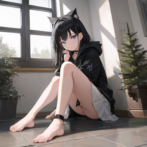 1girls choker clothing detailed eyes feet female female_only ground hair hoodie house inside legs light lighting oversized pussy revealing sitting skirt solo underskirt vagina window young