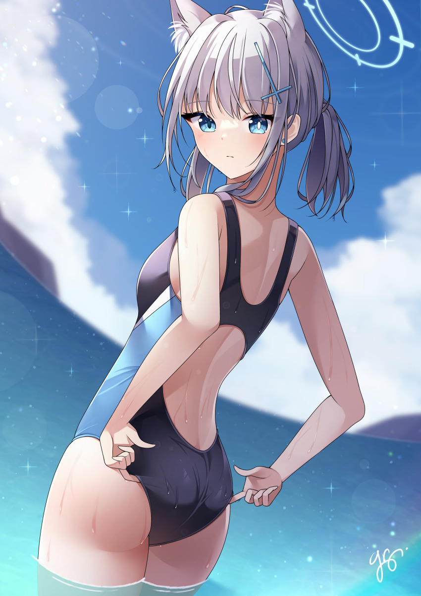 1girls, abydos high school student, adjusting swimsuit, ass, blue archive, blue eyes, breasts, clouds, earrings, female, foreclosure task force (blue archive), guri (gri1211), hair ornament, halo, light skin, light-skinned female, looking at viewer, looking back, medium breasts, one-piece swimsuit, outside, pale skin, pale-skinned female, ponytail, shiroko (blue archive), shiroko (swimsuit) (blue archive), silver hair, sky, solo, solo female, standing in water, swimsuit, water, wet, wolf ears, wolf girl