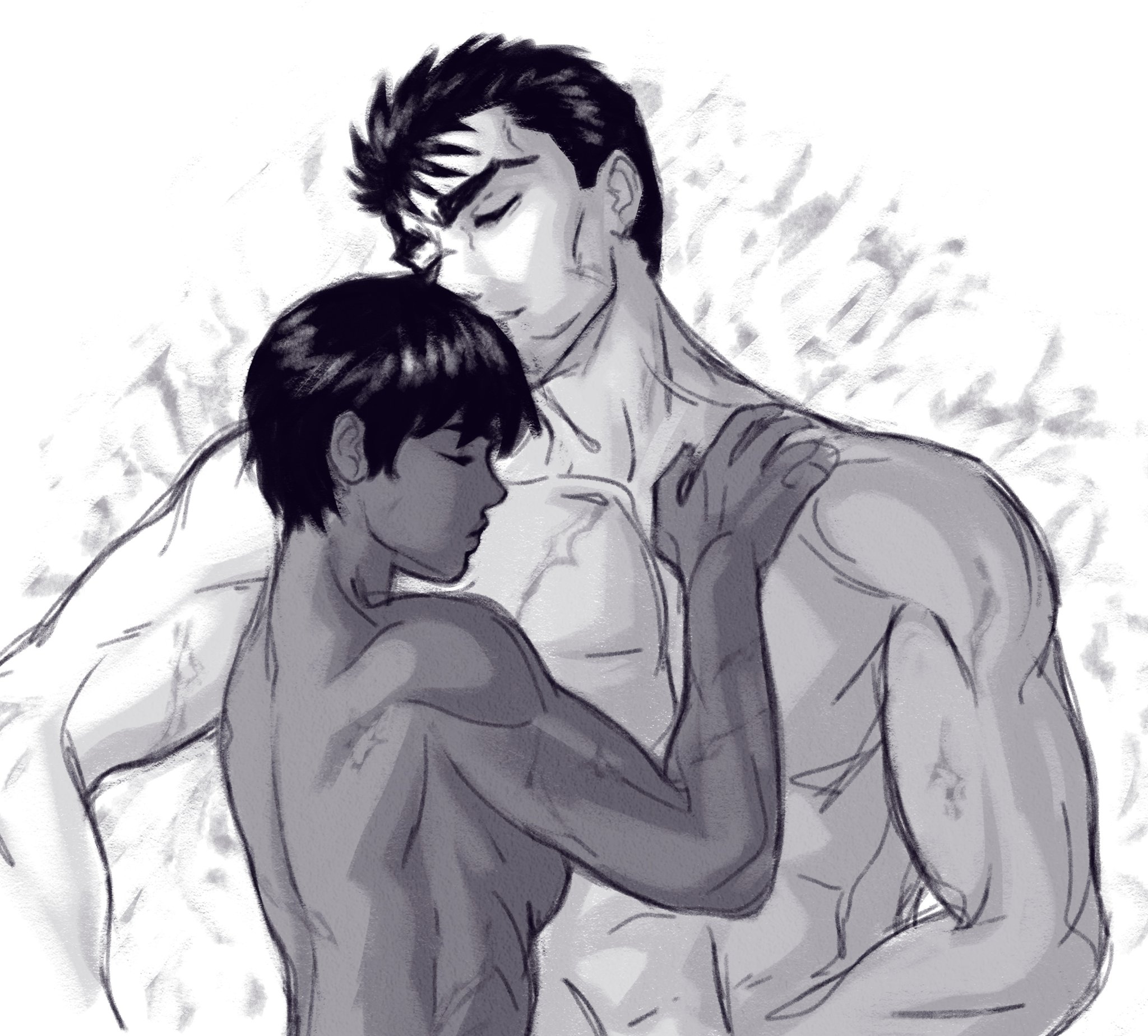 18kannn, 1boy, 1girls, berserk, canon couple, casca, dark skin, dark-skinned female, female, guts (berserk), hugging, human, male, monochrome, nude, sketch, very short hair, wholesome