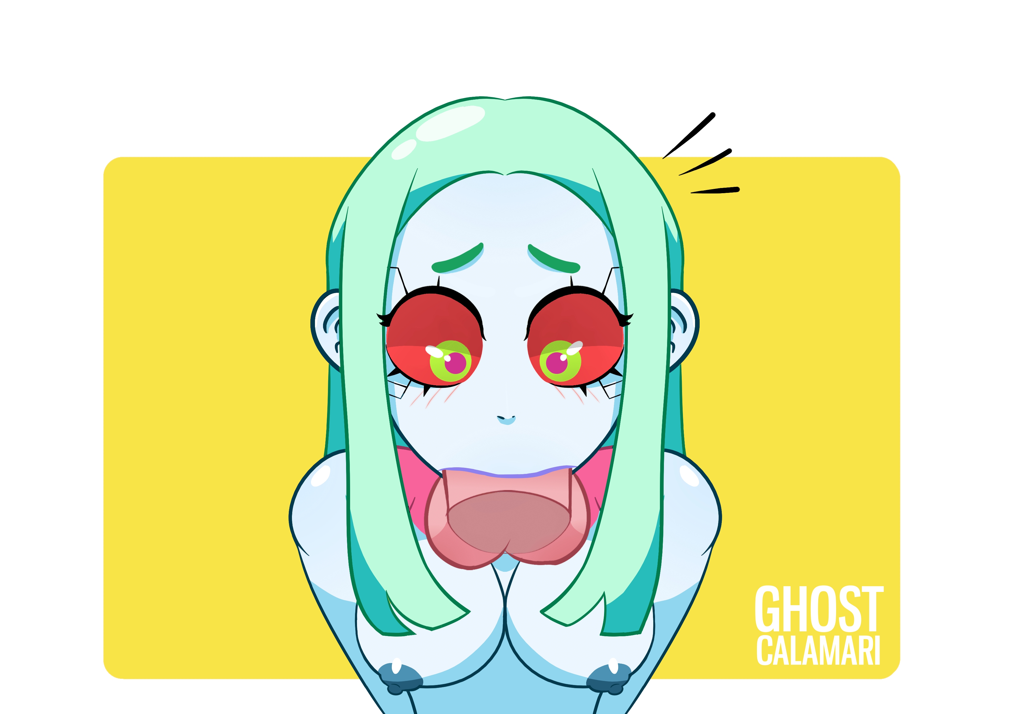artist name, balls, big cock, big penis, blowjob, breasts, cyberpunk: edgerunners, deepthroat, fellatio, female, ghost calamari, green hair, male, nipples, penis, rebecca (edgerunners), testicles