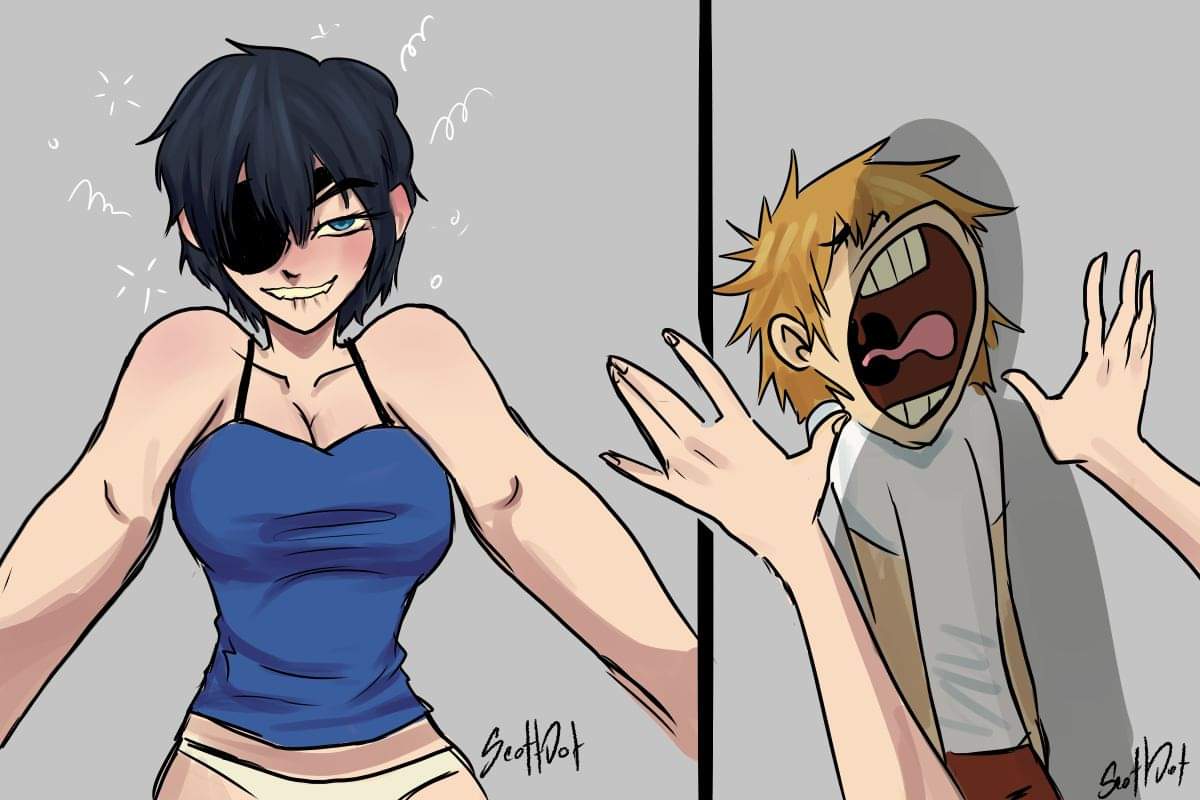assertive female, big breasts, black hair, breasts, chainsaw man, denji (chainsaw man), drunk, eye patch, female, female pervert, funny, himeno (chainsaw man), horny female, imminent rape, lip biting, male, pinning, rape face, short hair, underwear