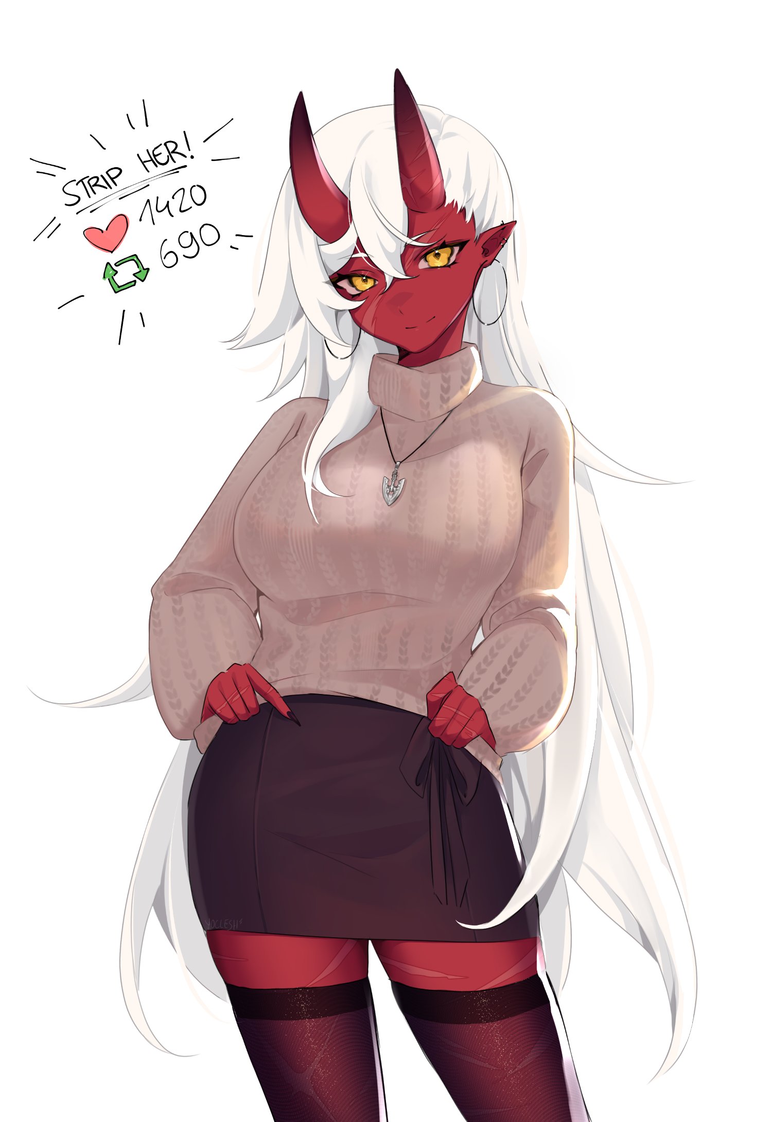 1girls, akumi, clothed, female, female only, oni, oni horns, red skin, red-skinned female, scars, smile, solo, strip game, virtual youtuber, vyugen, yellow eyes, yoclesh
