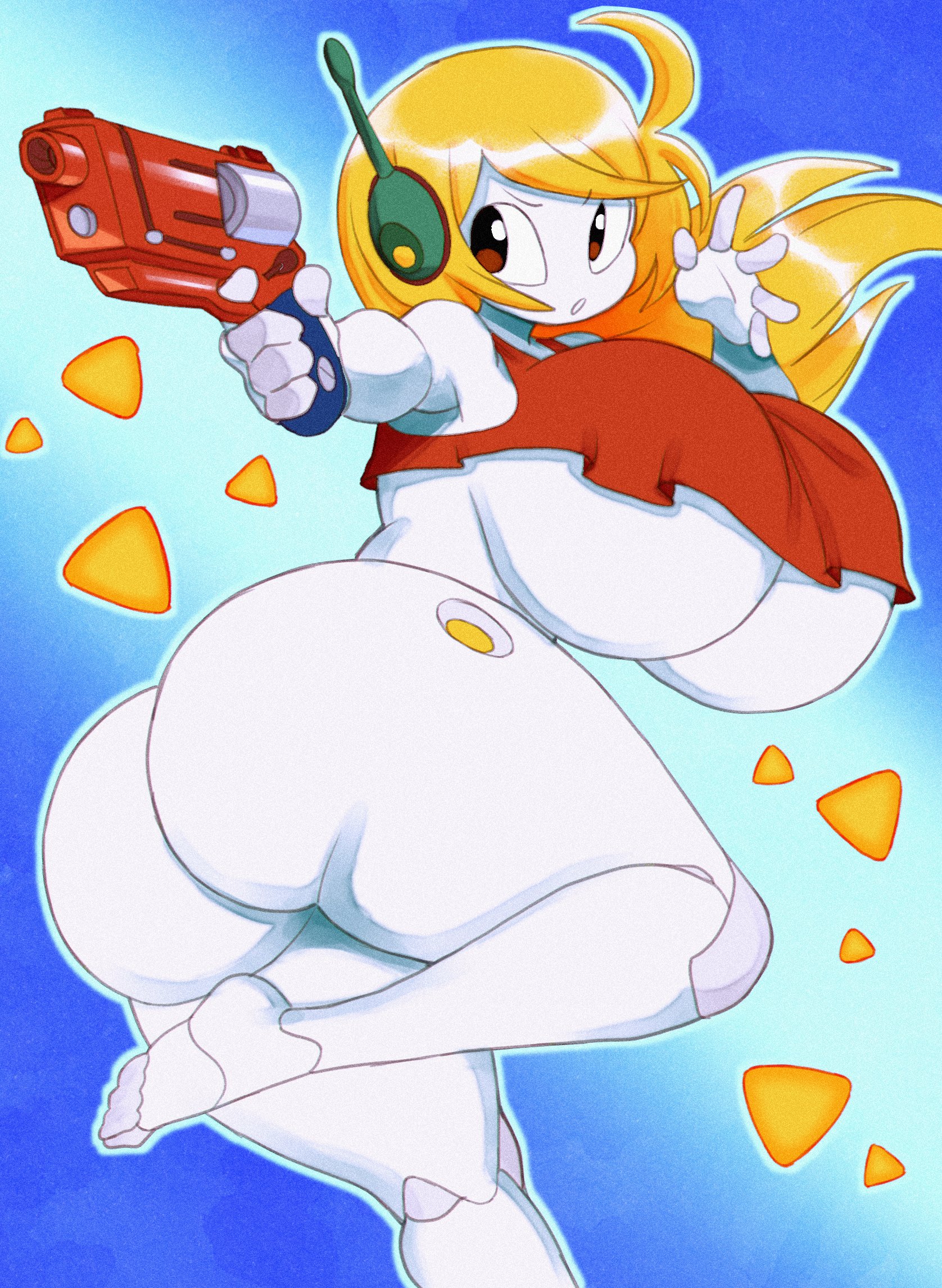 1girls, android, angstrom, ass, big ass, big breasts, blonde hair, breasts, cave story, crop top, curly brace, curvy, enormous breasts, female, female only, gun, huge ass, huge breasts, large breasts, long hair, looking back, machine gun, massive breasts, milf, no shoes, red eyes, revolver, robot, solo, solo female, white skin, yellow hair