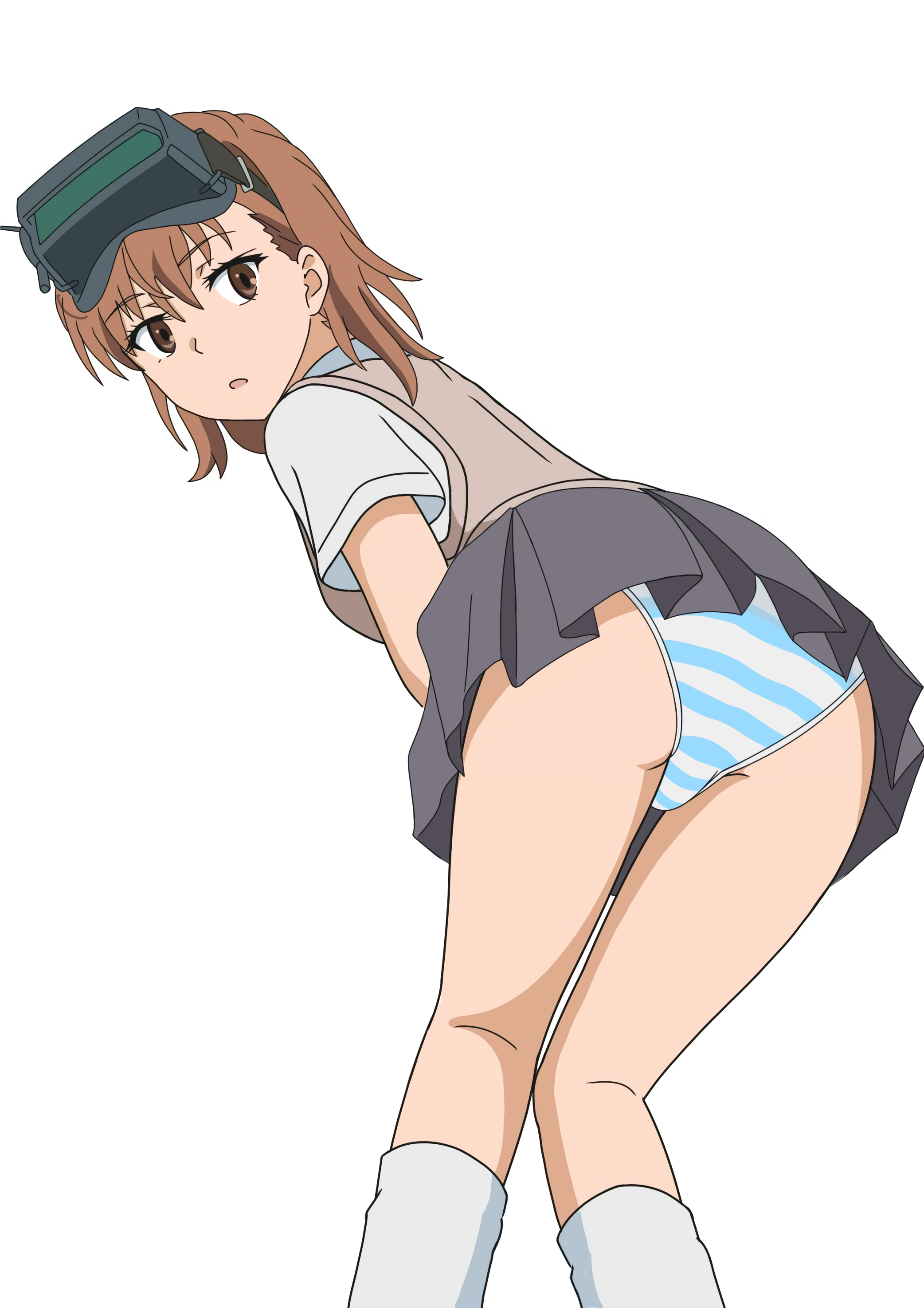 1girls, 2020, 2020s, absurd res, ass, bare thighs, brown eyes, brown hair, brunette, clone, clothed, clothed female, feet out of frame, female, from behind, grey skirt, head mounted display, hi res, leaning forward, looking back, matching hair/eyes, miniskirt, misaka imouto, panties, pantyshot, rx53l5, school uniform, schoolgirl, shirt, short hair, skirt, socks, solo, striped, striped panties, sweater vest, teenage female, teenager, thighs, to aru kagaku no railgun, to aru majutsu no index, tokiwadai school uniform, underwear, vertical stripes, vest, white background, white socks, young