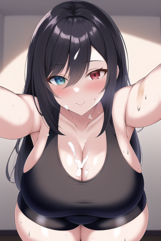 ai_generated blue_eyes cum cum_on_breasts cum_on_face emzie01 funemily1 heterochromia large_breasts long_hair nai_diffusion original red_eyes stable_diffusion sweat sweatdrop tagme thick_thighs wide_hips