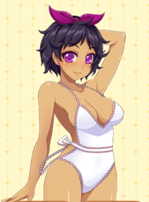 1girls black_hair bow brown_skin crush_crush female female_focus female_only game_cg lotus_(crush_crush) one-piece_swimsuit purple_eyes sad_panda_studios swimsuit