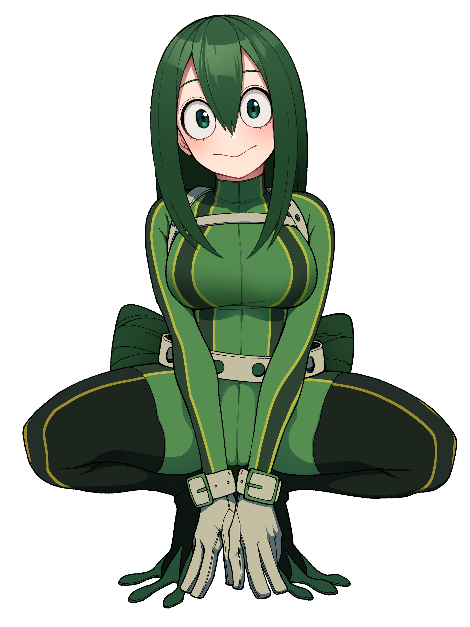 :>, 1girls, arms, big breasts, breasts, female, female focus, female only, green eyes, green hair, green-haired female, hero outfit (mha), legs, legs apart, long hair, looking at viewer, my hero academia, non-nude, pose, safe, shounen jump, simple background, spandex, tsuyu asui, xiao lin gt