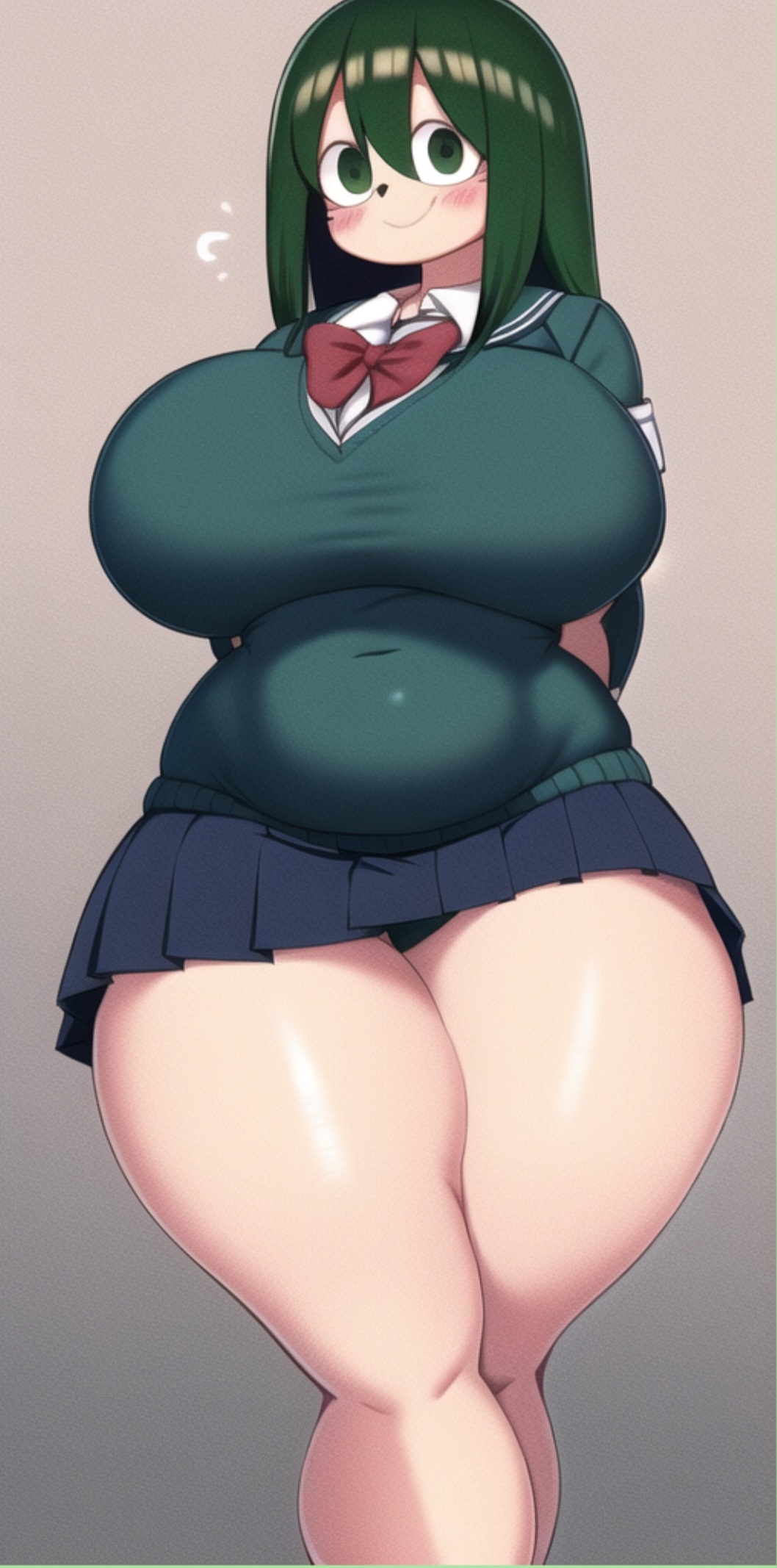 1girls ai_generated big_belly big_breasts green_eyes green_hair my_hero_academia nai_diffusion purple small_skirt smiling_at_viewer stable_diffusion strikinggold tagme thick_thighs tsuyu_asui