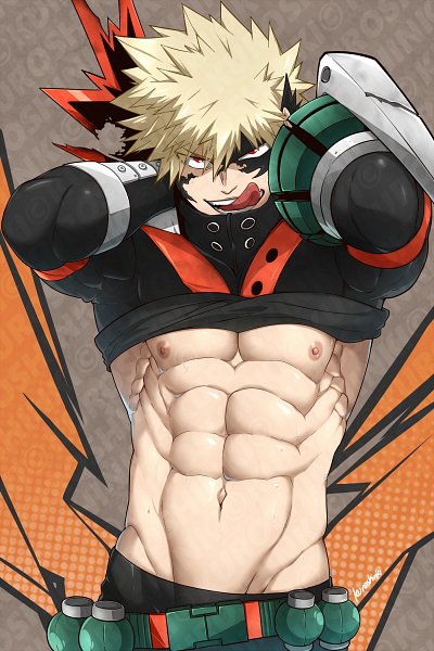 1boy, abs, blonde hair, dynamight, grin, hero outfit (mha), katsuki bakugou, kuroshinki, licking lips, looking at viewer, male, male only, muscular, muscular male, my hero academia, red eyes, shirt lift, smile, solo, tongue, tongue out, torn clothes, watermark