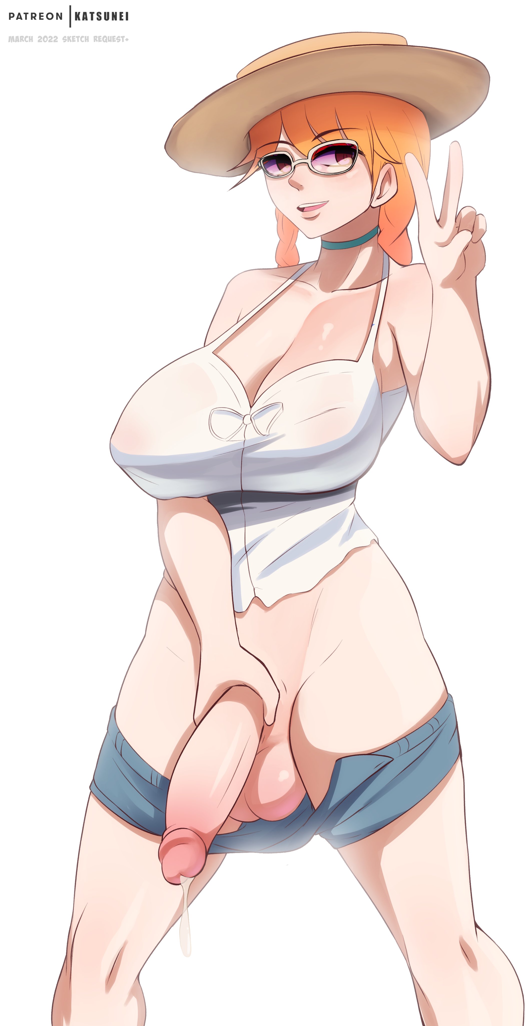 1futa, 2022, balls, big balls, big breasts, big penis, bottomless, breasts, clothed, clothing, erection, futa only, futanari, half-erect, hat, human, intersex, katsunei, large breasts, light skin, light-skinned futa, looking away, massive breasts, nipple bulge, orange hair, original, original character, pants, pants down, partially clothed, peace sign, penis, precum, precum drip, purple-tinted eyewear, shirt, sketch, solo, standing, sunglasses, tinted eyewear