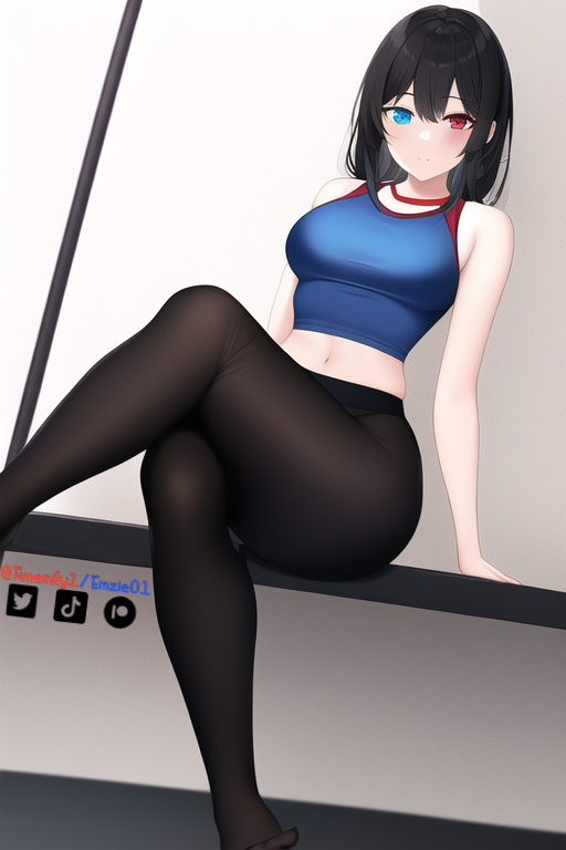 ai generated, artist self-insert, black legwear, blue eyes, crossed legs, emzie01, feet, feet out of frame, female, funemily1, gym, heterochromia, leggings, long hair, nai diffusion, original, red eyes, resting, stable diffusion, tagme, watermark