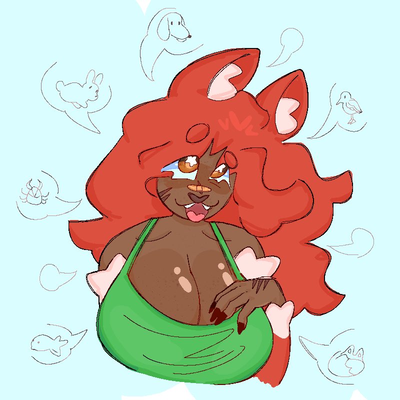 :3, angel sinz, big breasts, breasts, cleavage, cute, distracted, female, fox, fox ears, freckles, freckles on breasts, freckles on chest, furry, huge breasts, long hair, long nails, red hair, scars, star eyes, talking, tank top, terraria, video games, zoologist (terraria)