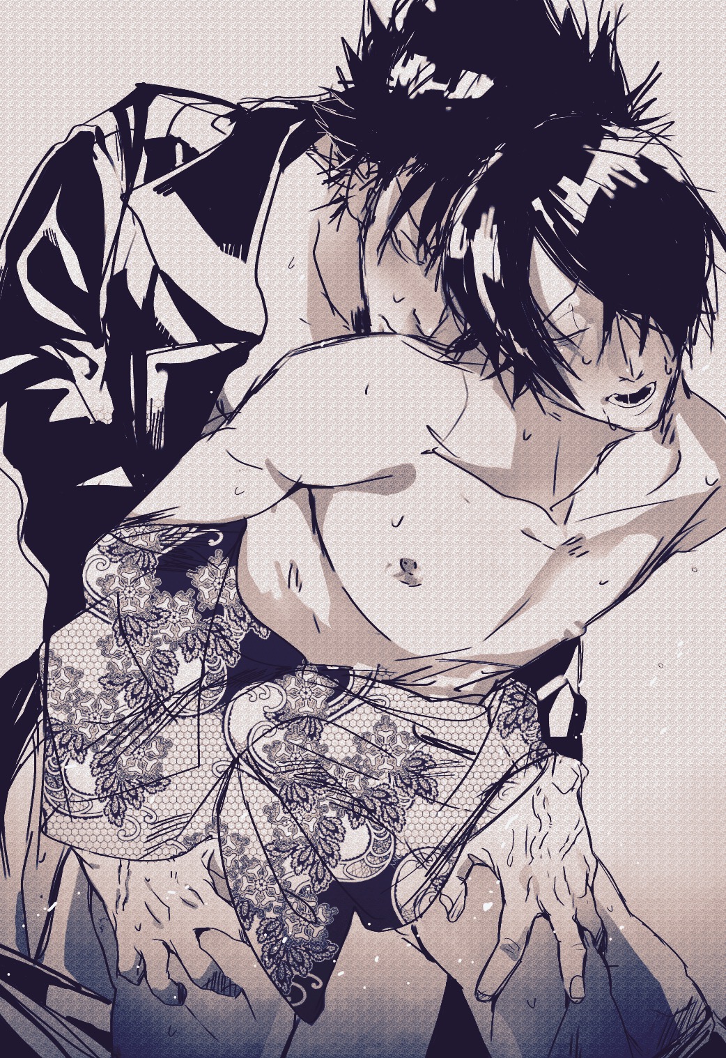 2boys blush eo_(artist) from_behind gay gintama hair_over_one_eye implied_anal implied_sex kawakami_bansai kimono leather_jacket leg_grab looking_pleasured male male_only monochrome open_kimono open_mouth sweat takasugi_shinsuke thigh_grab yaoi