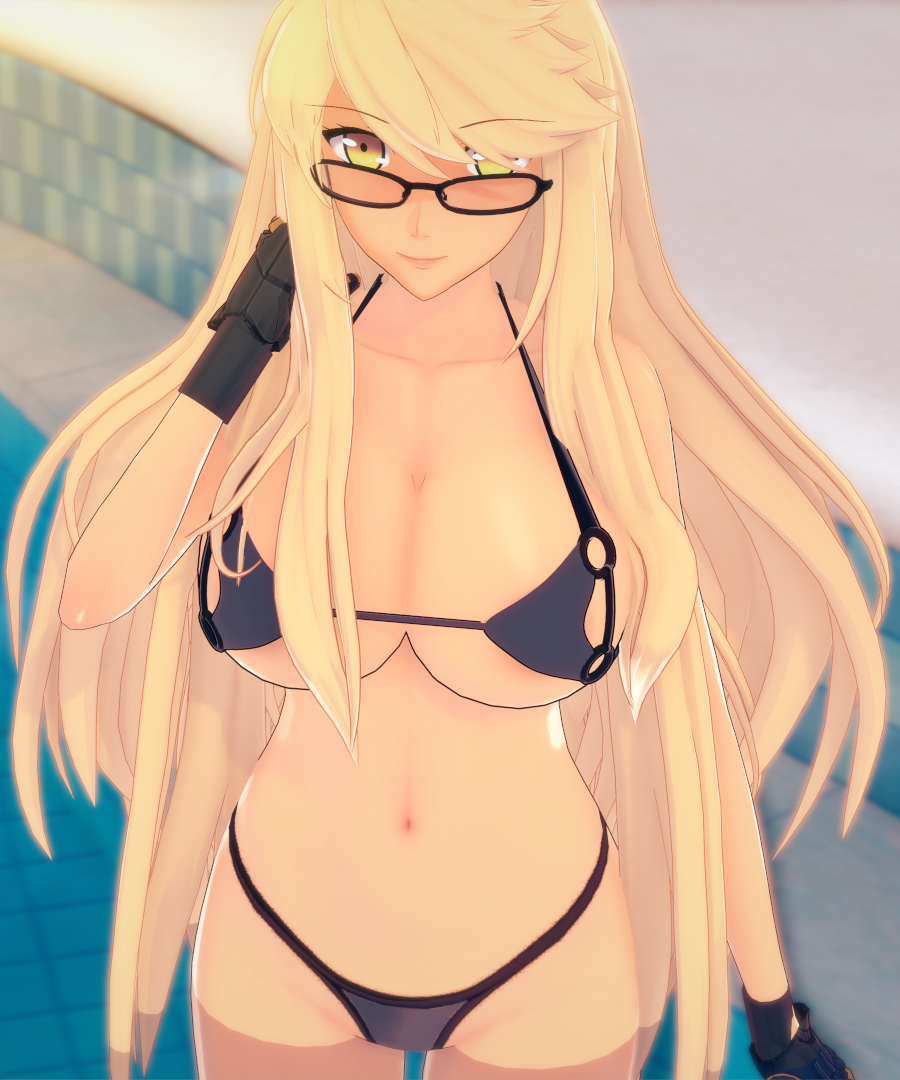 1girls 3d alma_armas bikini blonde_hair female glasses human koikatsu long_hair looking_at_viewer pool solo solo_focus spiritofrei standing tan_skin tanned va-11_hall-a