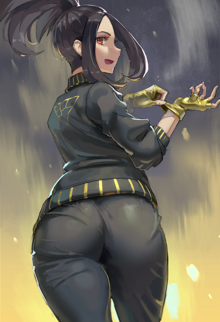 1girls ass black_hair breasts bubble_ass bubble_butt coach dat_ass dendra_(pokemon) female fit_female from_behind game_freak gloves kazo large_breasts light-skinned_female light_skin mature_female milf nintendo open_jacket orange_eyes pokemon pokemon_sv sportswear tied_hair track_jacket