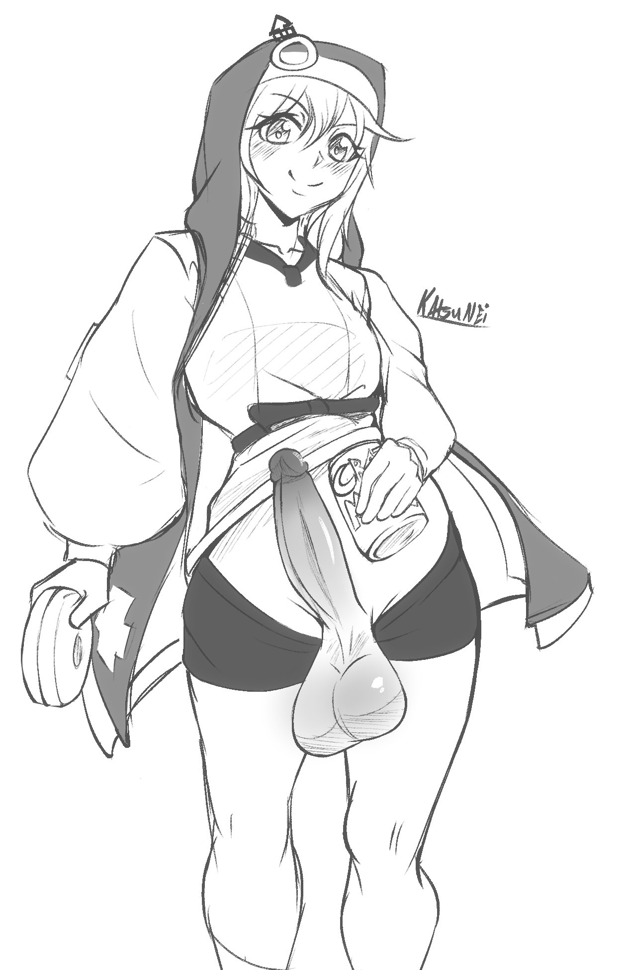 1boy, 2022, balls, big balls, big penis, blush, breasts, bridget, erection, guilty gear, katsunei, looking at viewer, male, male only, monochrome, navel, nun's habit, penis, shirt, short shorts, sketch, small breasts, soda