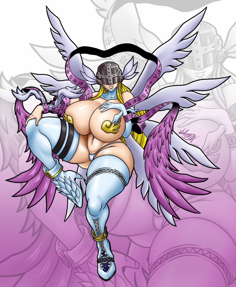 8_wings angel angel_wings angewomon bimbo blonde_hair boots breasts digimon female gigantic_breasts hand_on_own_chest helmet highleg highleg_panties highres hips huge_breasts huge_hips huge_thighs hyper_breasts large_breasts long_hair multi_wing navel nipple_covers one_leg_raised panties pasties shiny shiny_skin thick_thighs thighhighs thighs thong underwear vlaimk wide_hips wings zoom_layer