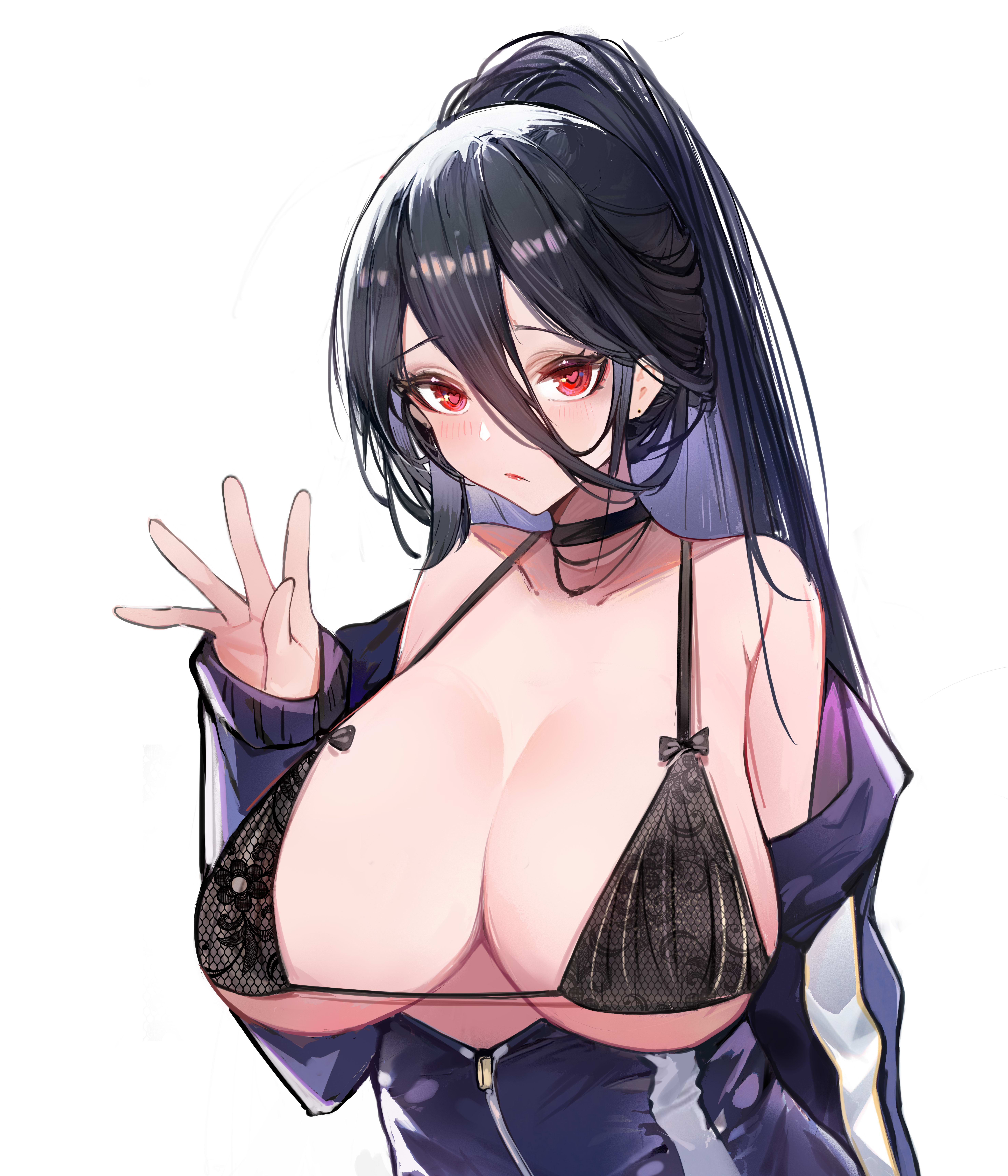 1girls, 24sui, alternate version available, big breasts, black bra, black hair, blue archive, blush, bra, breasts, choker, cleavage, collarbone, covered nipples, embarrassed, female, hasumi (blue archive), heart-shaped pupils, justice task force (blue archive), open clothes, red eyes, simple background, sports uniform, sportswear, standing, trinity general school student, upper body, white background