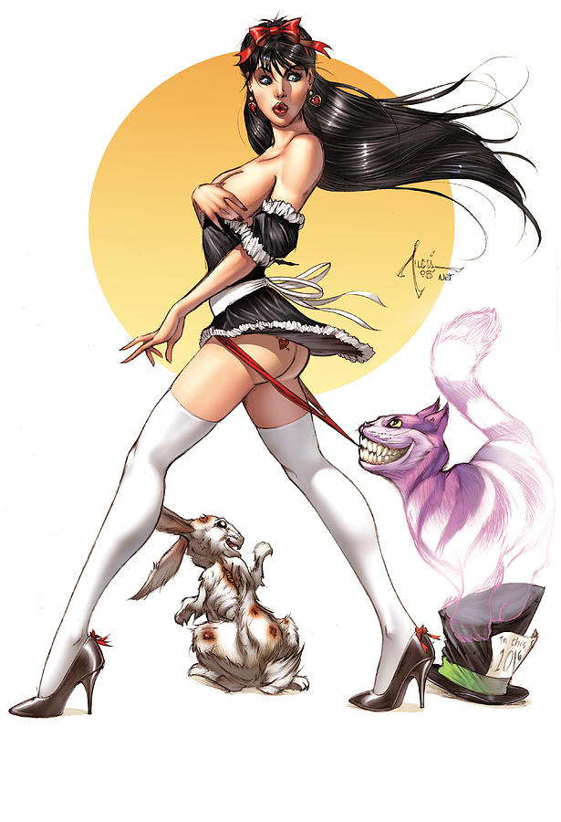 1girls ass billy_tucci calie_liddle cheshire_cat dressed grimm_fairy_tales_(comic) grimm_fairy_tales_zenescope nei_ruffino pinup pulling_down_panties solo solo_female white_rabbit_(wonderland) zenescope zenescope_entertainment