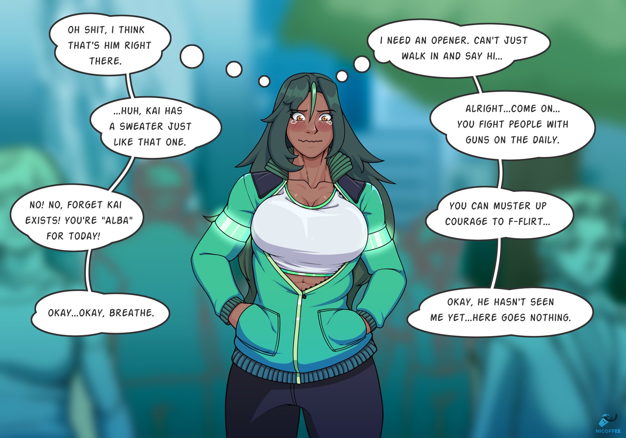 1girls, 2022, aldara (nicoffee), big breasts, blush, breasts, clothed, clothing, dark skin, dark-skinned female, dialogue, english text, female, female only, fully clothed, green hair, human, long hair, muscular, muscular female, nicoffee, original, original character, solo, standing, tears, text