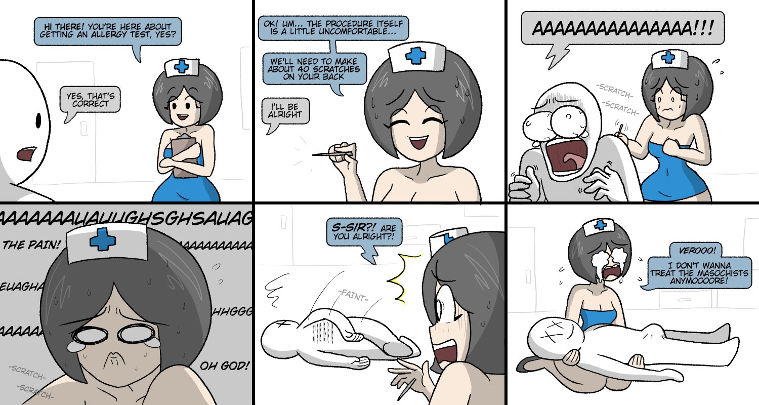 1boy, 1girls, allergy, anon, ass, big ass, blue clothing, bottom heavy, bottomless, comedy, comic, crying, dead, death, dialogue, doctorloops, english, english dialogue, english text, erect penis, erection, erection under clothes, family guy death pose, female, funny, hospital, humor, light skin, light-skinned female, male, male death, mob face, mona (doctorloops), needle, nurse, nurse cap, nurse uniform, oc, pain, penis, scratches, screaming, screaming in pain, sitting, smiling, sweat, sweatdrop, sweating, tears, tears of pain, text, text box, text bubble, thick thighs, veronica and mona, wide hips, x eyes