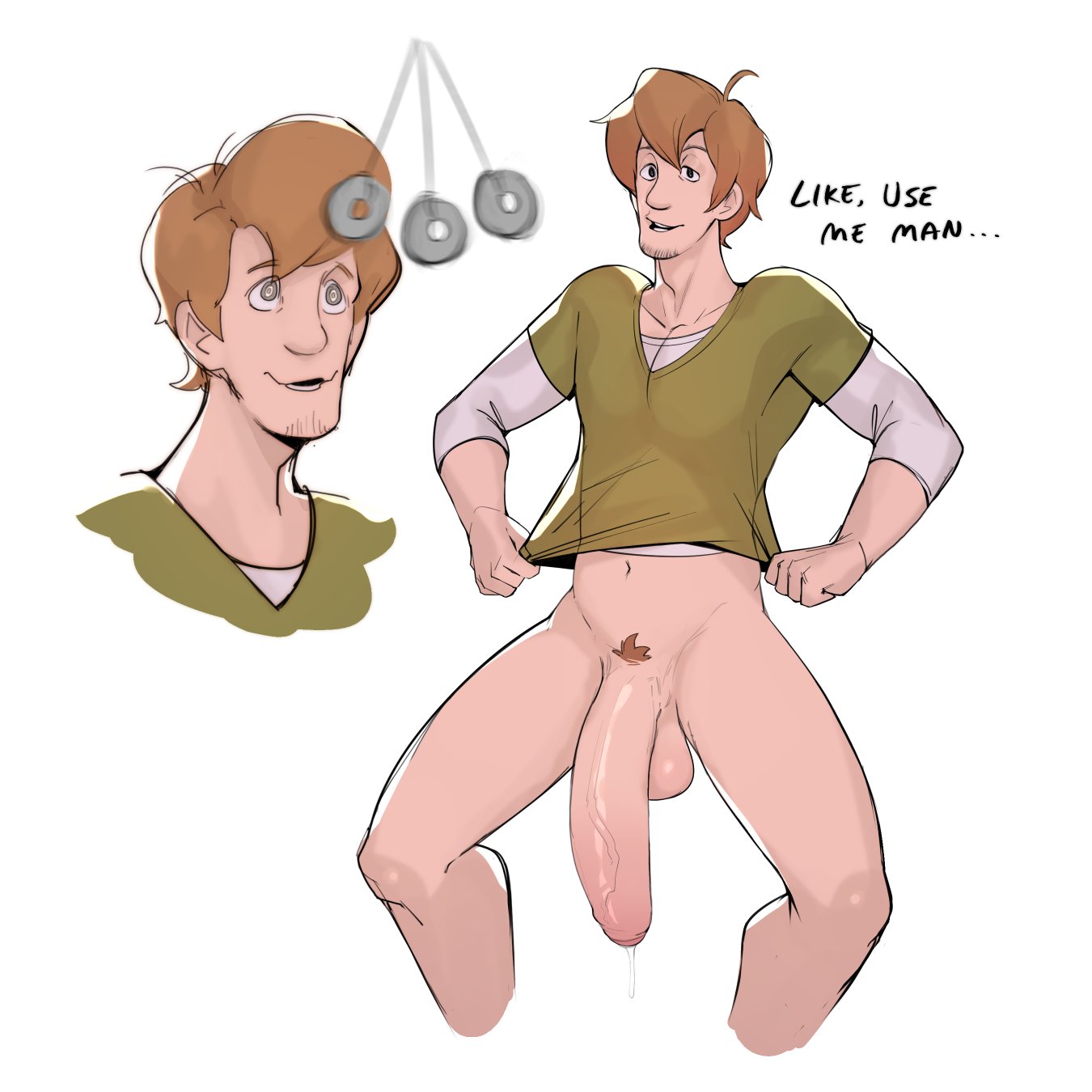 1boy, 2022, balls, bara, big balls, big cock, big penis, bottomless, clothing, dialogue, english text, flaccid, flaccid penis, foreskin, gay, hanna-barbera, horny male, huge cock, hyper penis, hypnosis, looking at viewer, male, male focus, male only, male pubic hair, masculine male, muscular, muscular male, penis, penis to the knees, precum, precum drip, pubic hair, scooby-doo, scruffley, shaggy rogers, solo, solo male, spread legs, teenage male, text, uncircumcised, uncut, veiny penis, yaoi