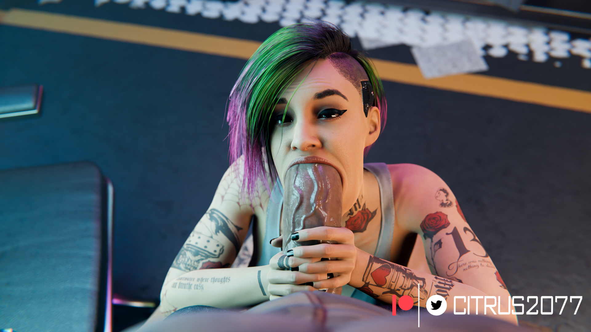 1boy, 1girls, 3d, 3d (artwork), blender, blender (software), citrus2077, curvaceous, curvy, curvy female, curvy figure, cyberpunk 2077, female, judy alvarez, light skin, light-skinned male, male, oral, penis, penis lick, short hair, sucking penis, tagme, voluptuous, voluptuous female
